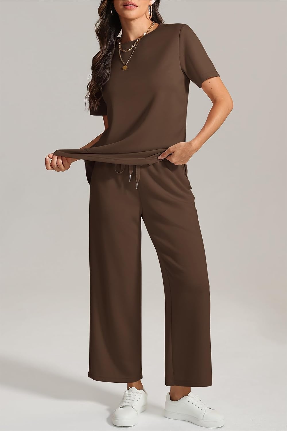 image:imageATHMILE Womens 2 Piece Lounge Set Fashion Travel Outfits Summer Beach Vacation Tracksuit Comfy Wide Leg Airport LoungewearCoffee