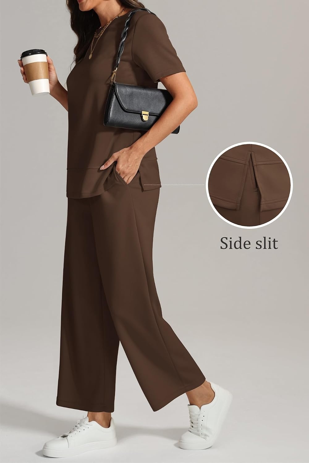 image:imageATHMILE Womens 2 Piece Lounge Set Fashion Travel Outfits Summer Beach Vacation Tracksuit Comfy Wide Leg Airport LoungewearCoffee