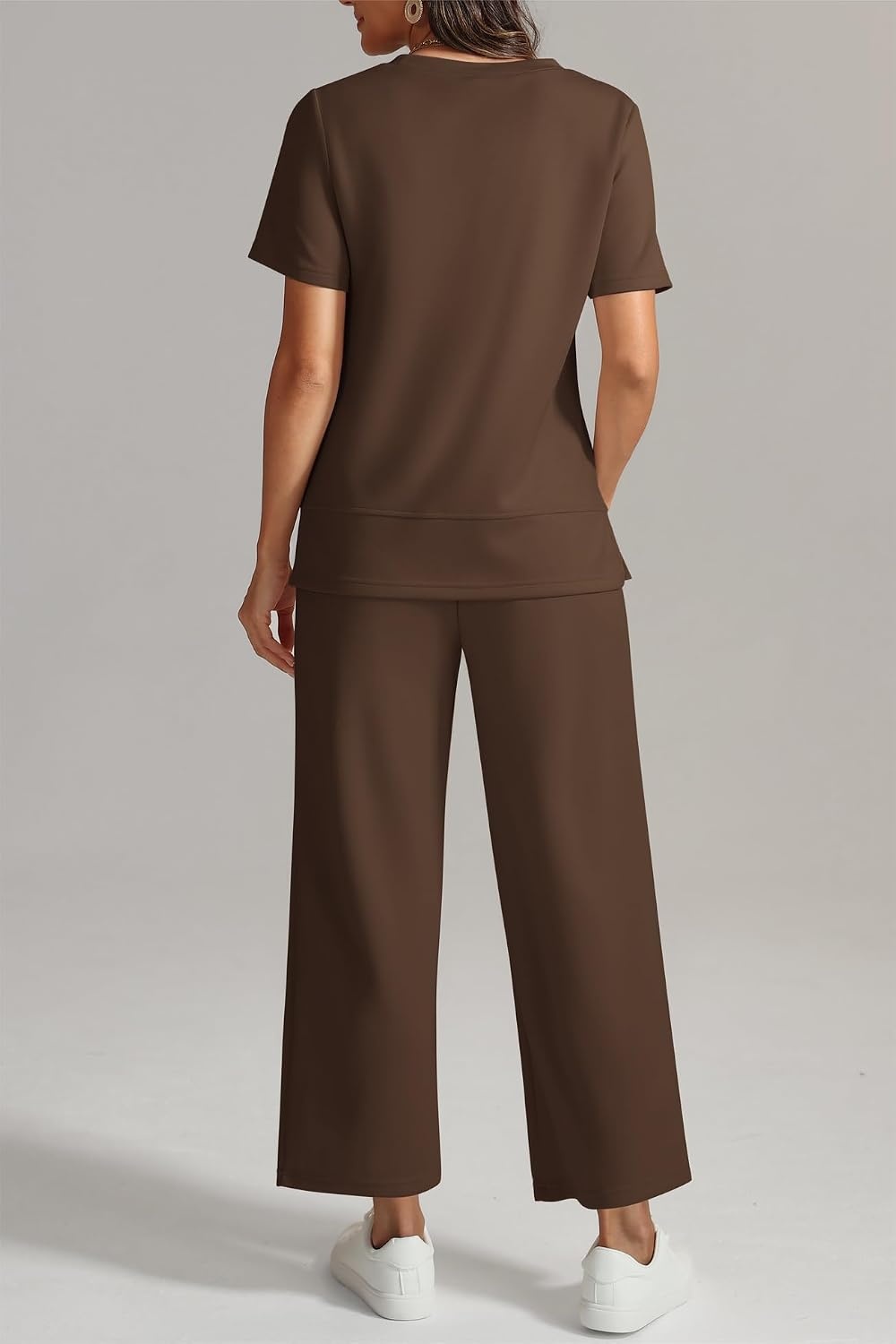 image:imageATHMILE Womens 2 Piece Lounge Set Fashion Travel Outfits Summer Beach Vacation Tracksuit Comfy Wide Leg Airport LoungewearCoffee