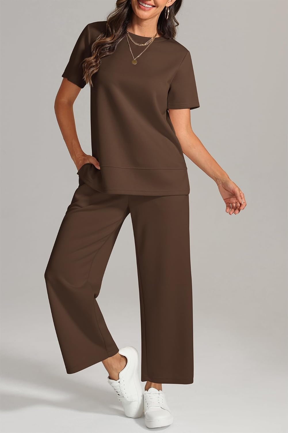image:imageATHMILE Womens 2 Piece Lounge Set Fashion Travel Outfits Summer Beach Vacation Tracksuit Comfy Wide Leg Airport LoungewearCoffee