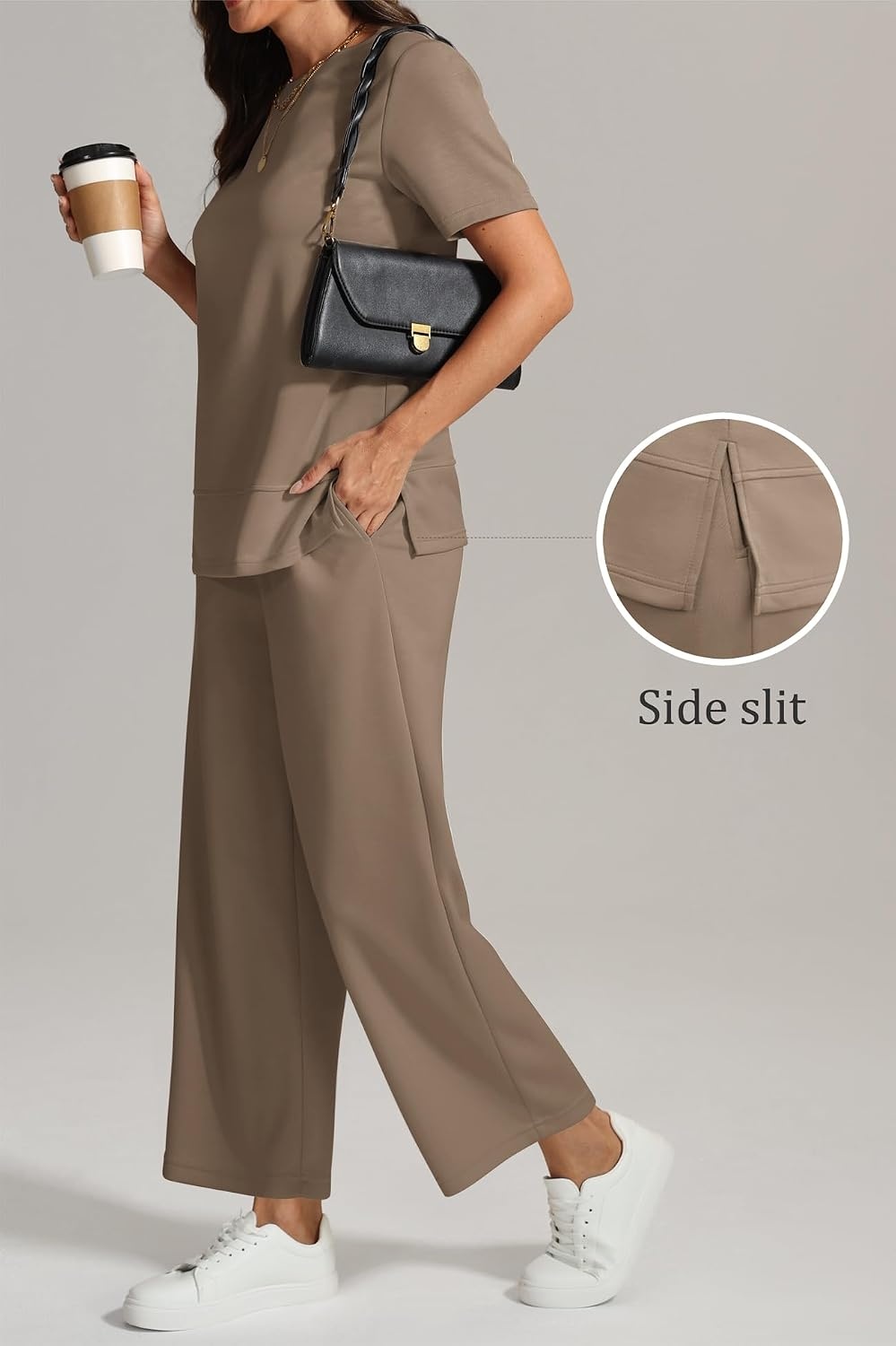 image:imageATHMILE Womens 2 Piece Lounge Set Fashion Travel Outfits Summer Beach Vacation Tracksuit Comfy Wide Leg Airport LoungewearKhaki