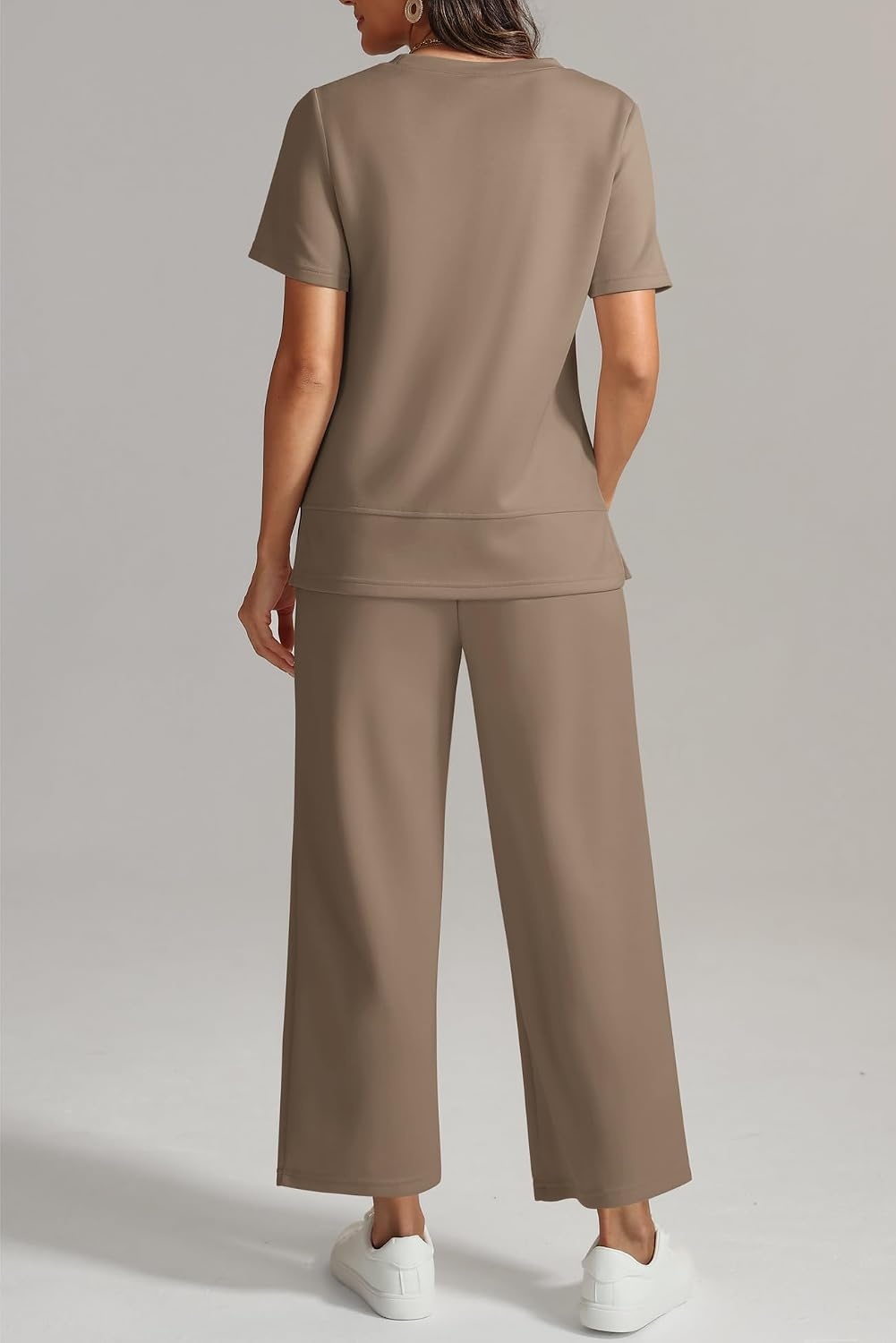 image:imageATHMILE Womens 2 Piece Lounge Set Fashion Travel Outfits Summer Beach Vacation Tracksuit Comfy Wide Leg Airport LoungewearKhaki