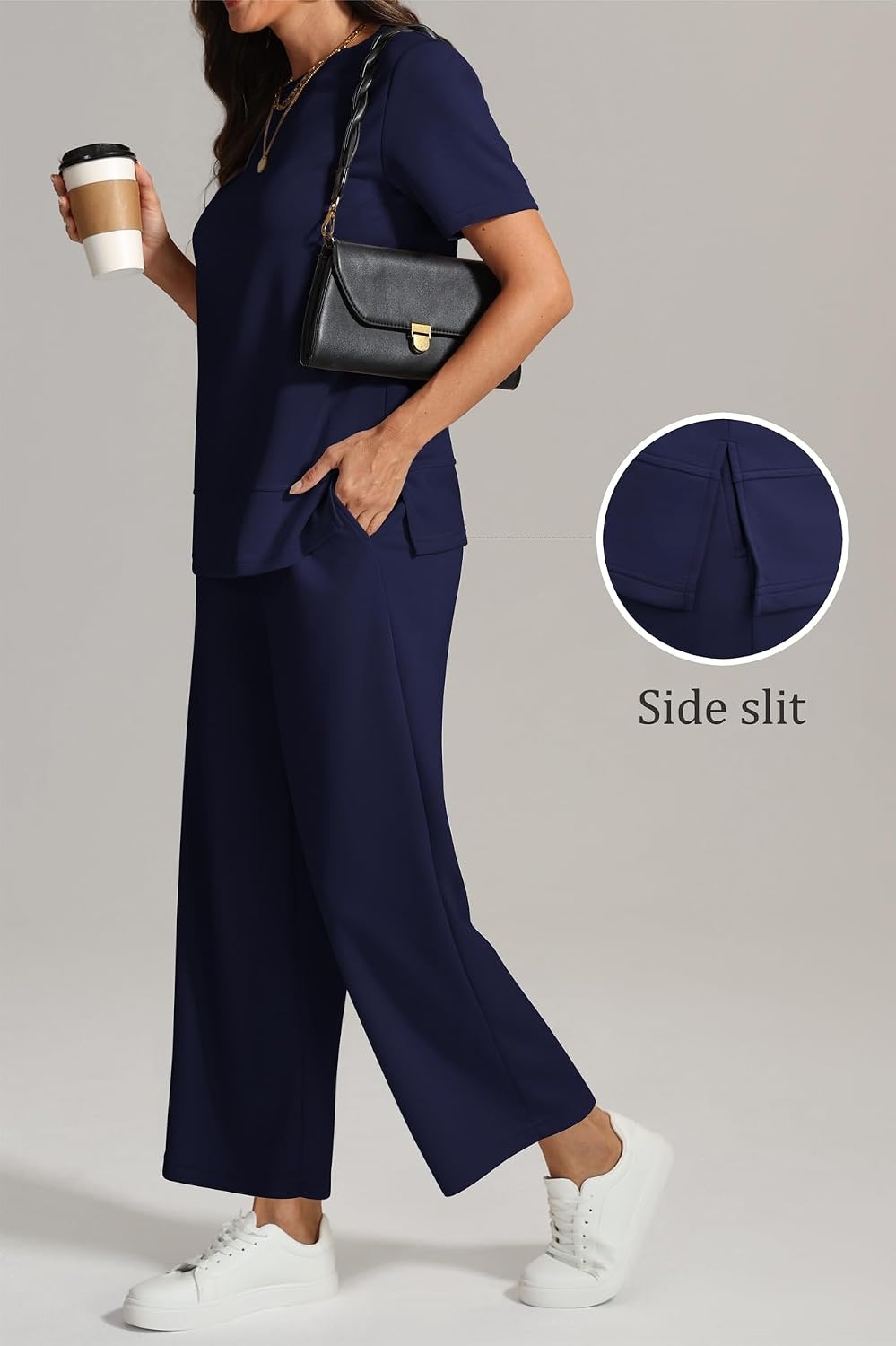 image:imageATHMILE Womens 2 Piece Lounge Set Fashion Travel Outfits Summer Beach Vacation Tracksuit Comfy Wide Leg Airport LoungewearNavy