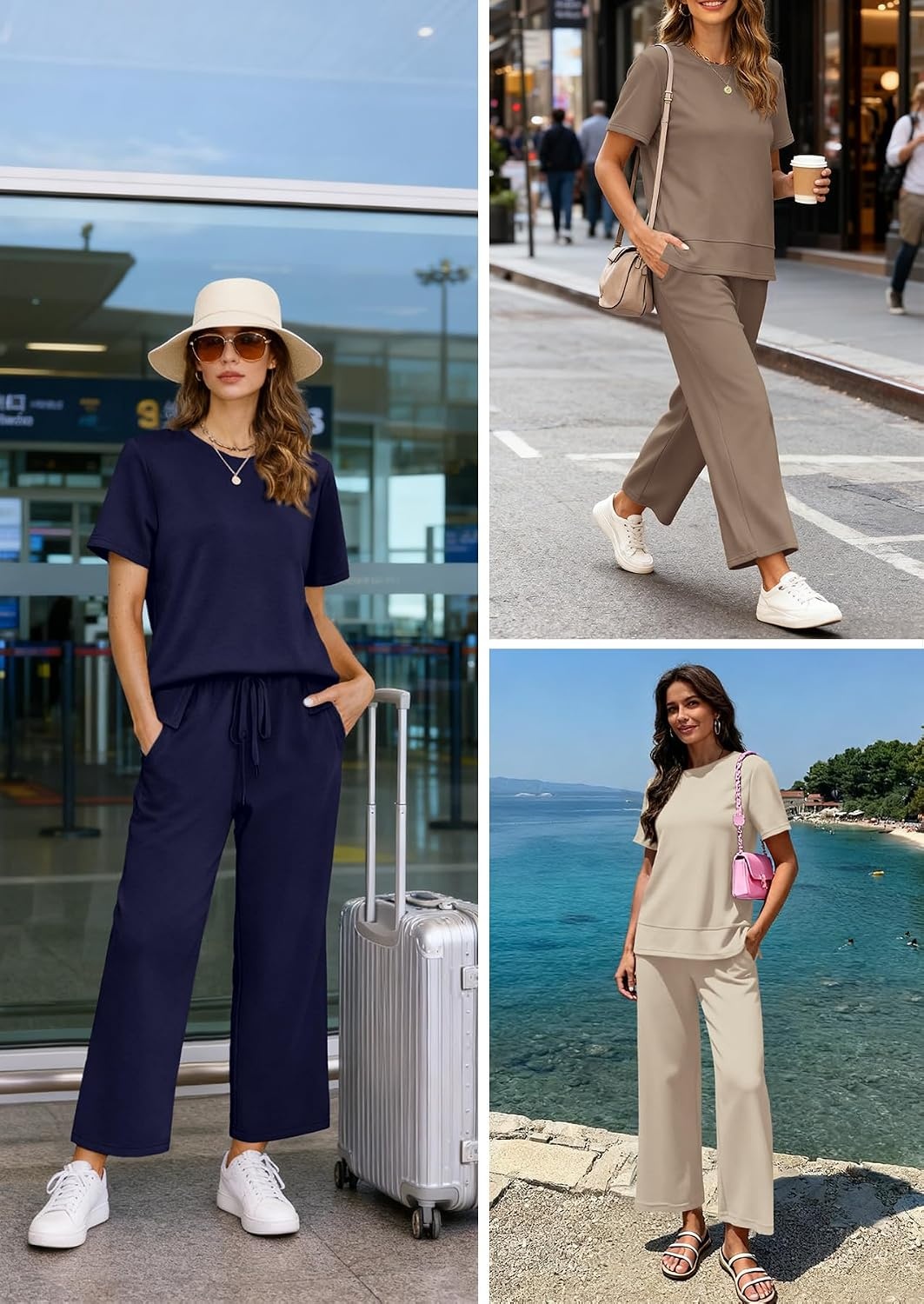 image:imageATHMILE Womens 2 Piece Lounge Set Fashion Travel Outfits Summer Beach Vacation Tracksuit Comfy Wide Leg Airport LoungewearNavy