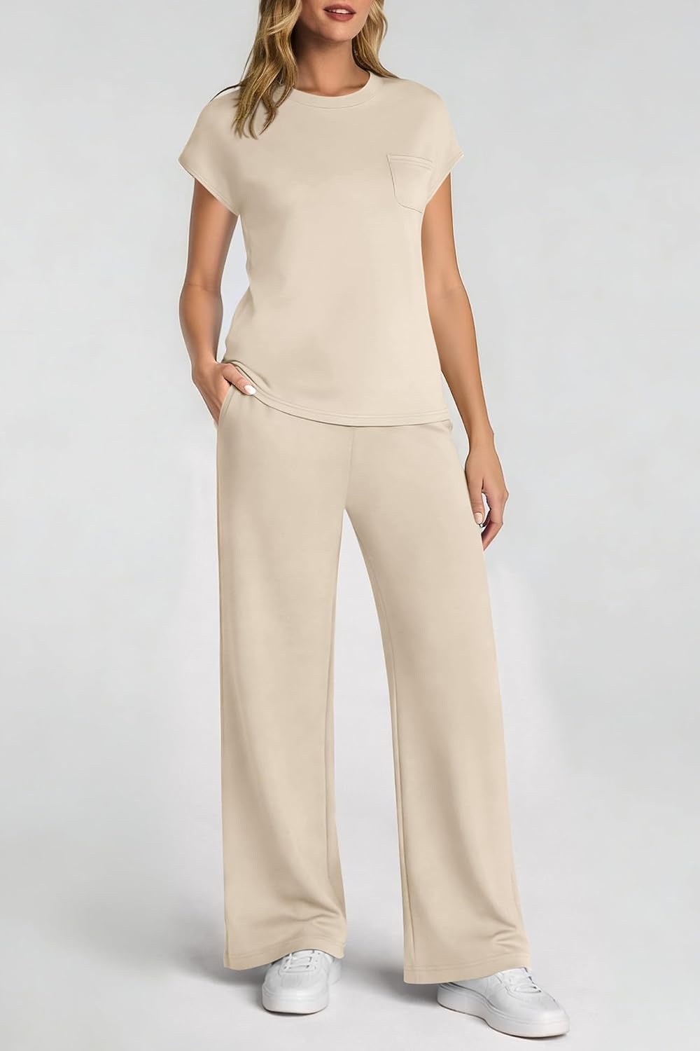 image:imageATHMILE Womens 2 Piece Lounge Set Fashion Travel Outfits Summer Beach Vacation Tracksuit Comfy Wide Leg Airport LoungewearZbeige