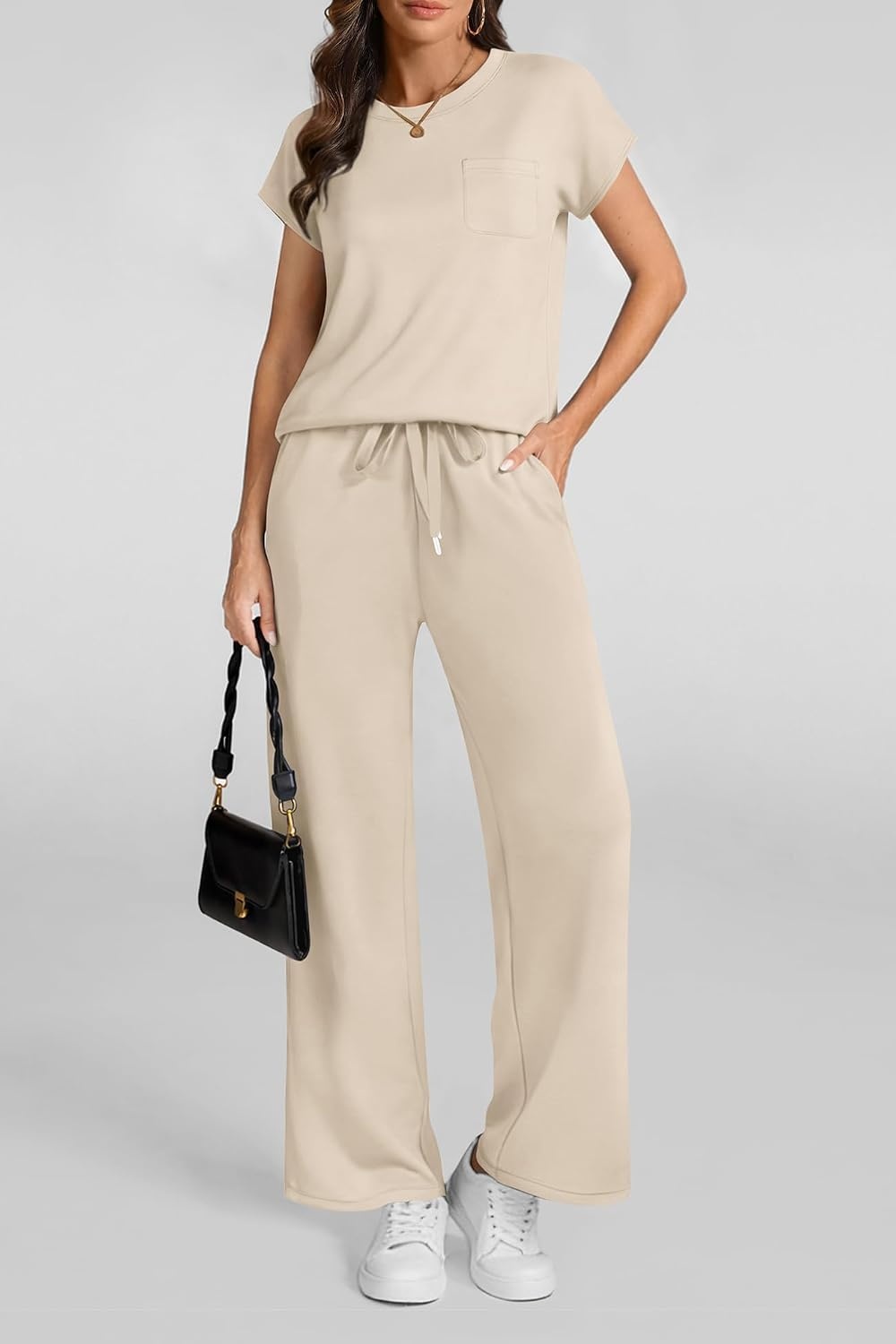 image:imageATHMILE Womens 2 Piece Lounge Set Fashion Travel Outfits Summer Beach Vacation Tracksuit Comfy Wide Leg Airport LoungewearZbeige