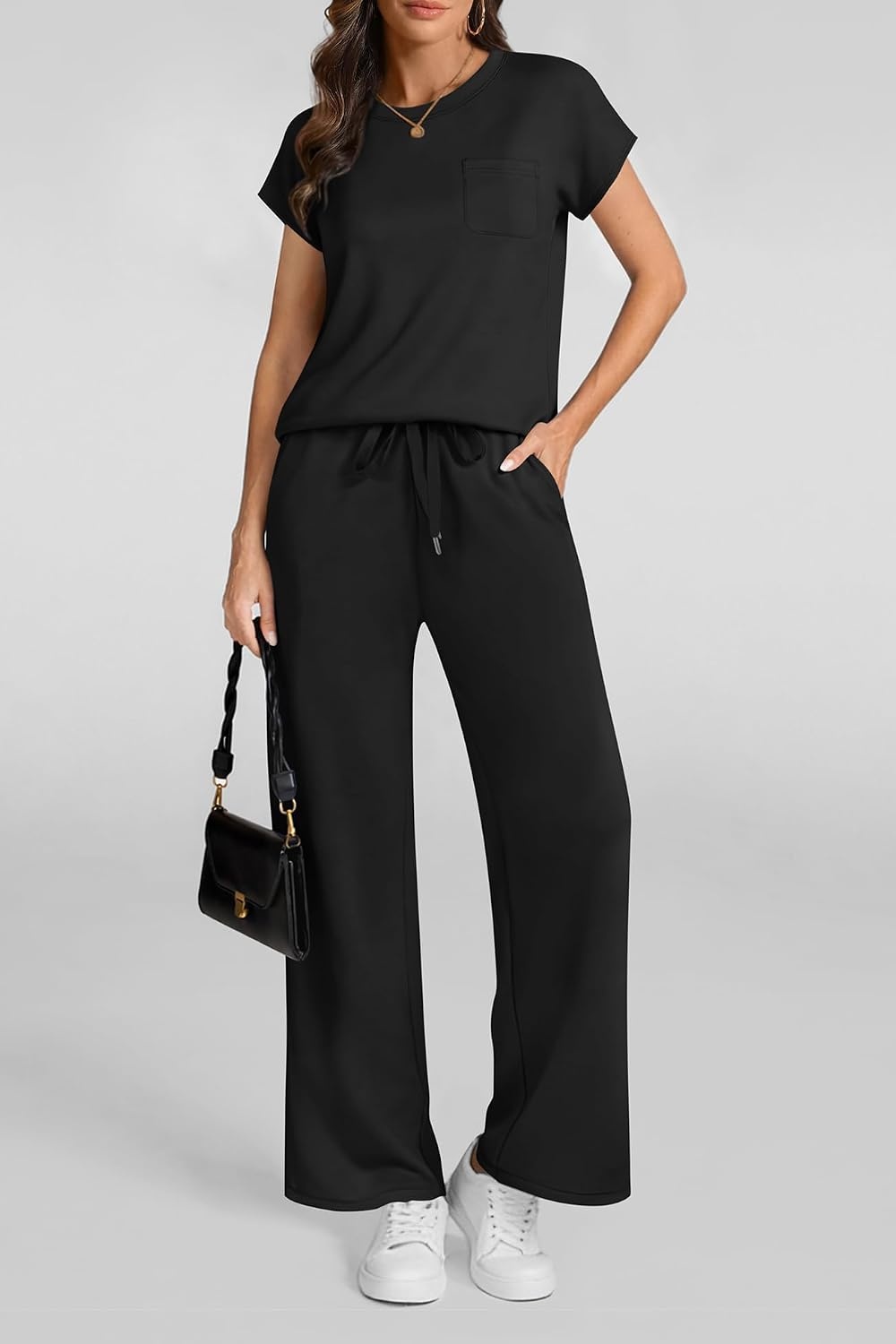 image:imageATHMILE Womens 2 Piece Lounge Set Fashion Travel Outfits Summer Beach Vacation Tracksuit Comfy Wide Leg Airport LoungewearZblack