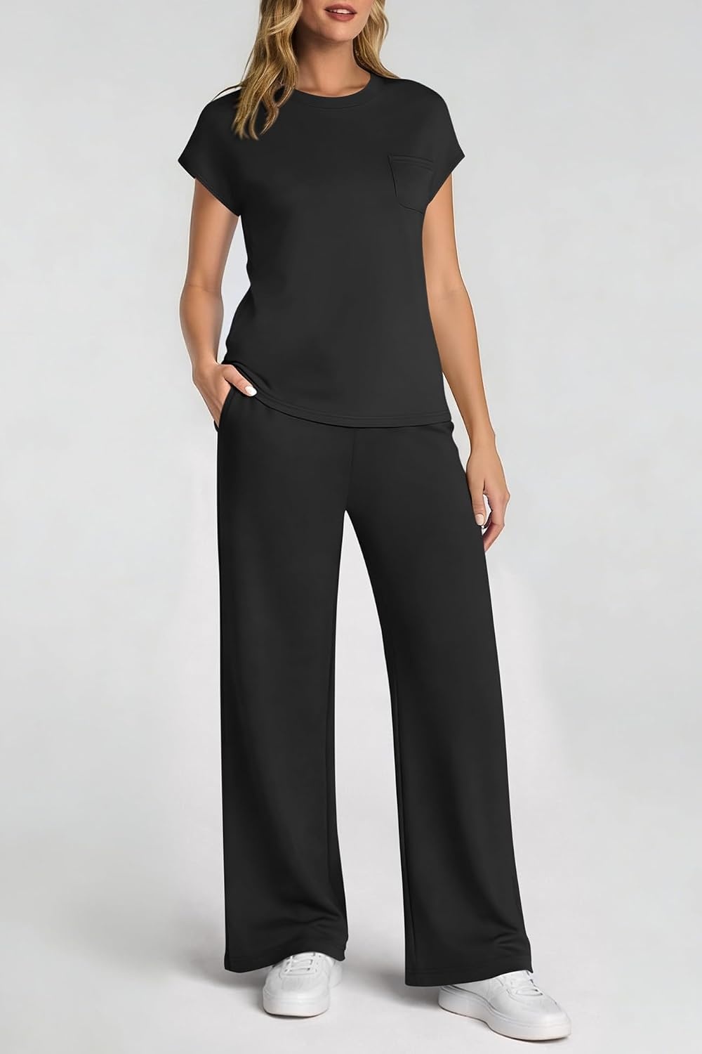 image:imageATHMILE Womens 2 Piece Lounge Set Fashion Travel Outfits Summer Beach Vacation Tracksuit Comfy Wide Leg Airport LoungewearZblack