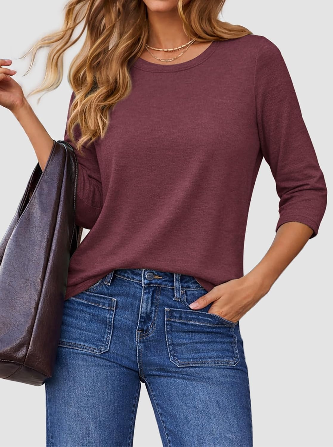 image:imageATHMILE Womens 34 Sleeve Blouse Summer Tops Fall Shirt Fashion Blouses Beach Vacation Clothes Spring Tunic 2026 TrendyWine Red