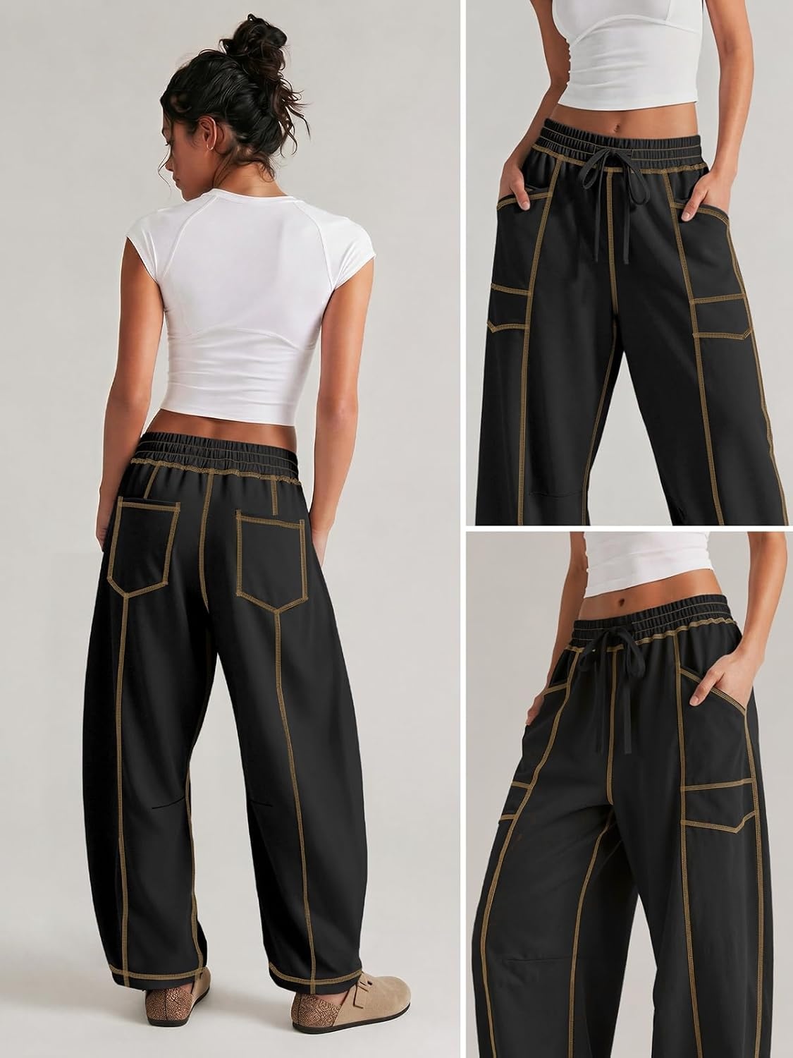 image:imageATHMILE Womens Baggy Barrel Sweatpants Wide Leg Drawstring Lounge Sweat Pants with PocketsBlack