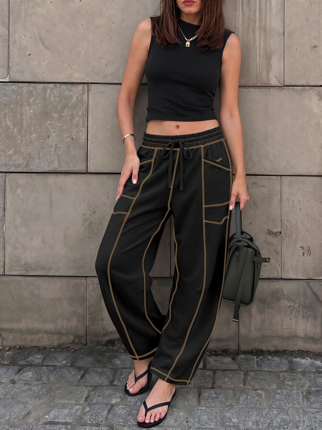 image:imageATHMILE Womens Baggy Barrel Sweatpants Wide Leg Drawstring Lounge Sweat Pants with PocketsBlack