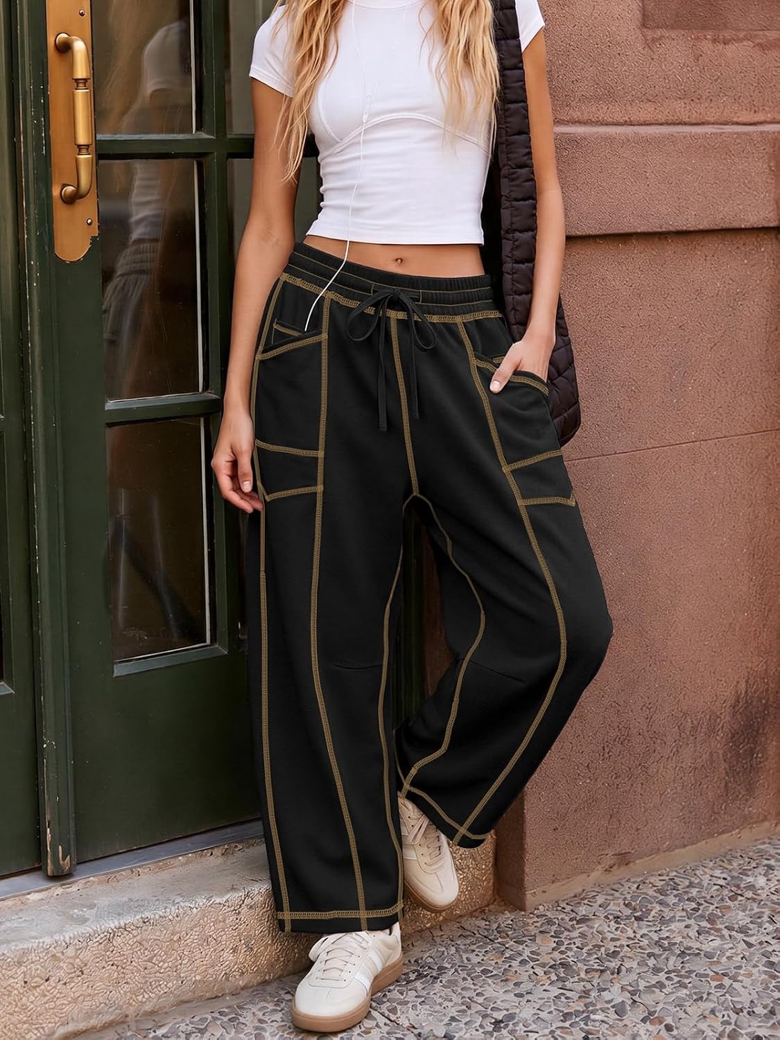 image:imageATHMILE Womens Baggy Barrel Sweatpants Wide Leg Drawstring Lounge Sweat Pants with PocketsBlack