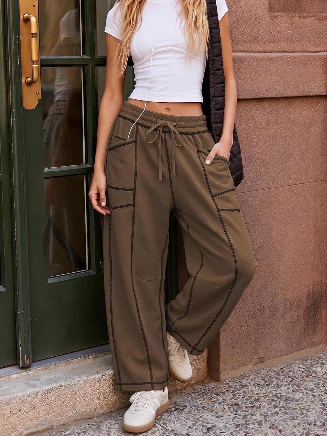image:imageATHMILE Womens Baggy Barrel Sweatpants Wide Leg Drawstring Lounge Sweat Pants with PocketsChocolate Brown