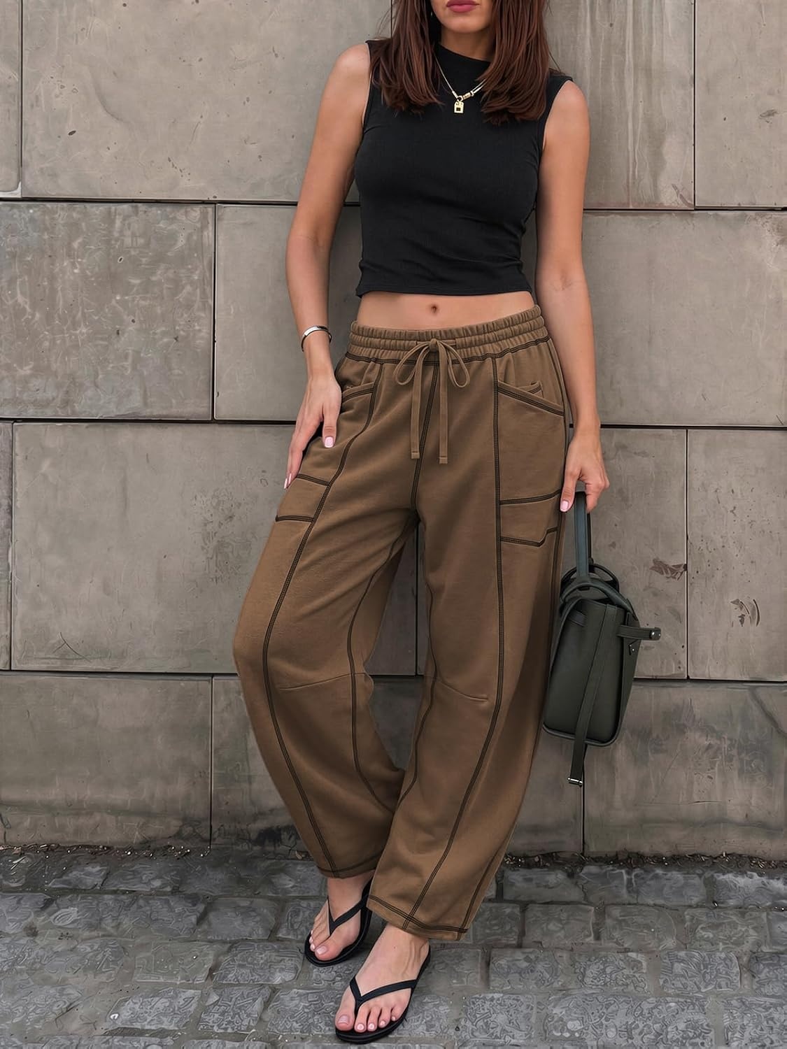 image:imageATHMILE Womens Baggy Barrel Sweatpants Wide Leg Drawstring Lounge Sweat Pants with PocketsChocolate Brown