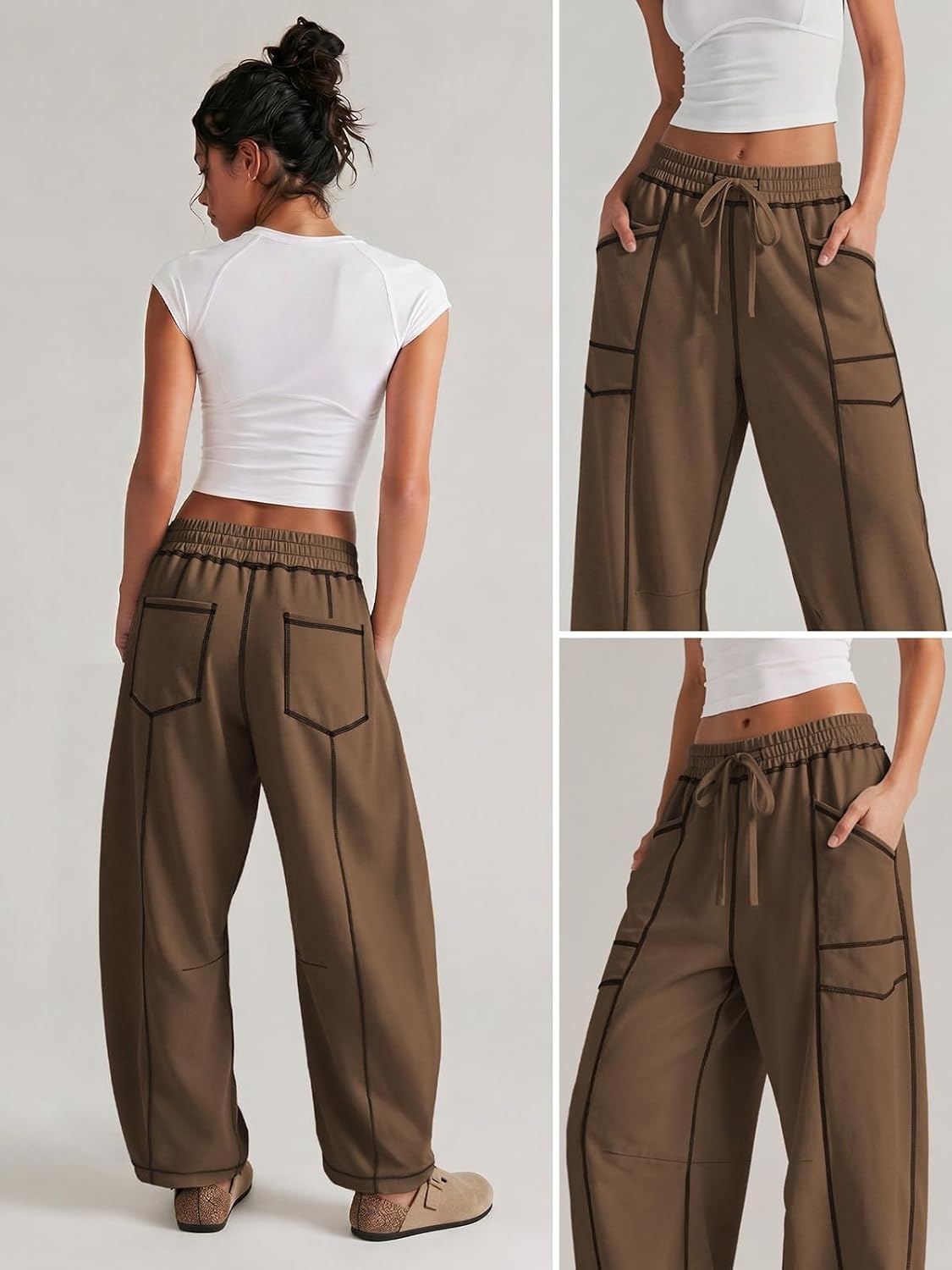 image:imageATHMILE Womens Baggy Barrel Sweatpants Wide Leg Drawstring Lounge Sweat Pants with PocketsChocolate Brown