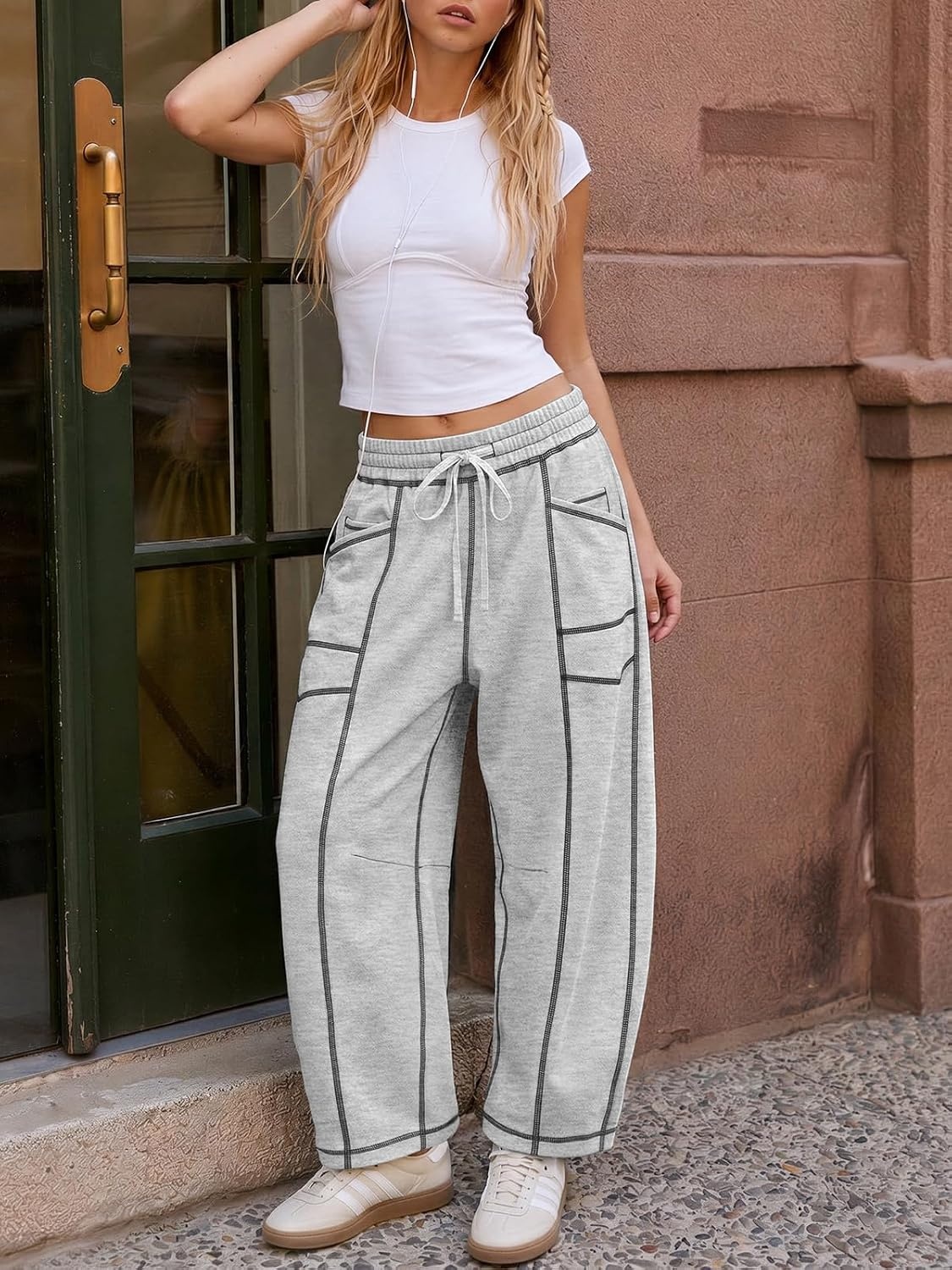 image:imageATHMILE Womens Baggy Barrel Sweatpants Wide Leg Drawstring Lounge Sweat Pants with PocketsLight Grey
