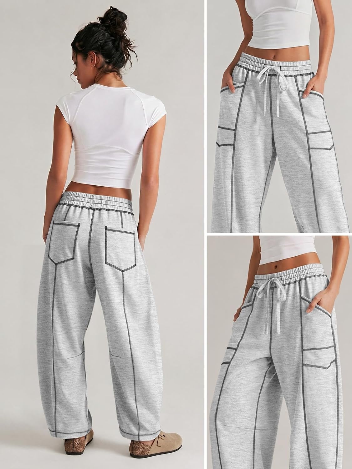image:imageATHMILE Womens Baggy Barrel Sweatpants Wide Leg Drawstring Lounge Sweat Pants with PocketsLight Grey