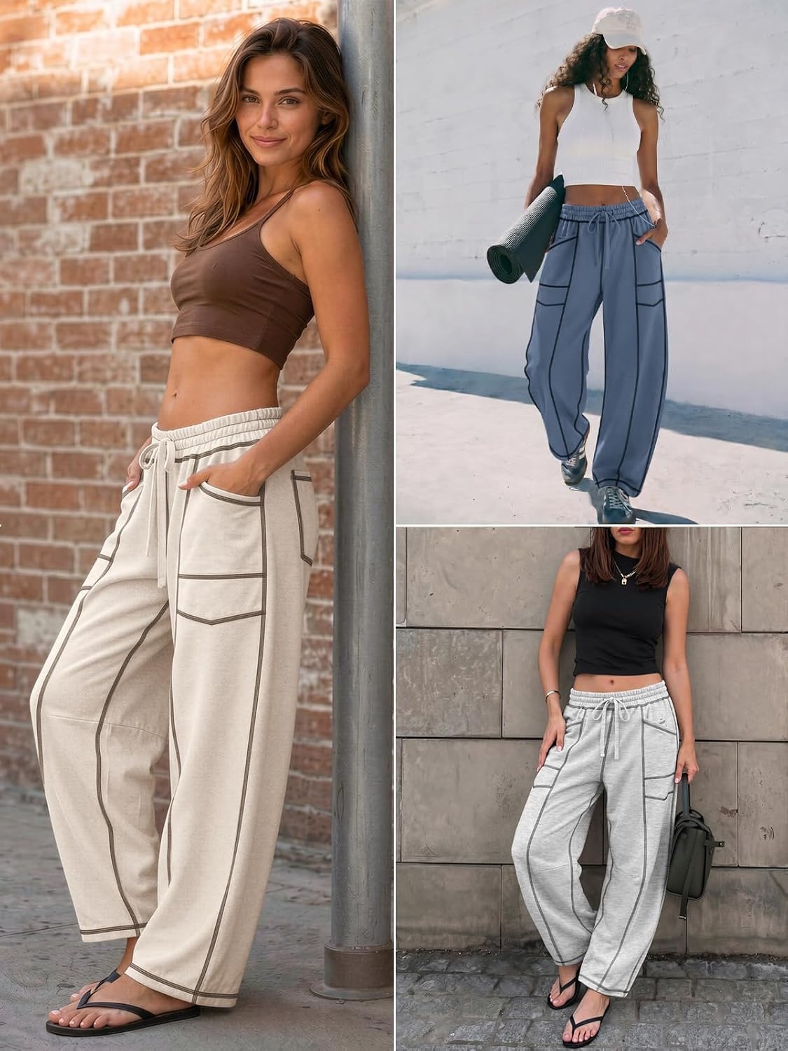 image:imageATHMILE Womens Baggy Barrel Sweatpants Wide Leg Drawstring Lounge Sweat Pants with PocketsLight Grey