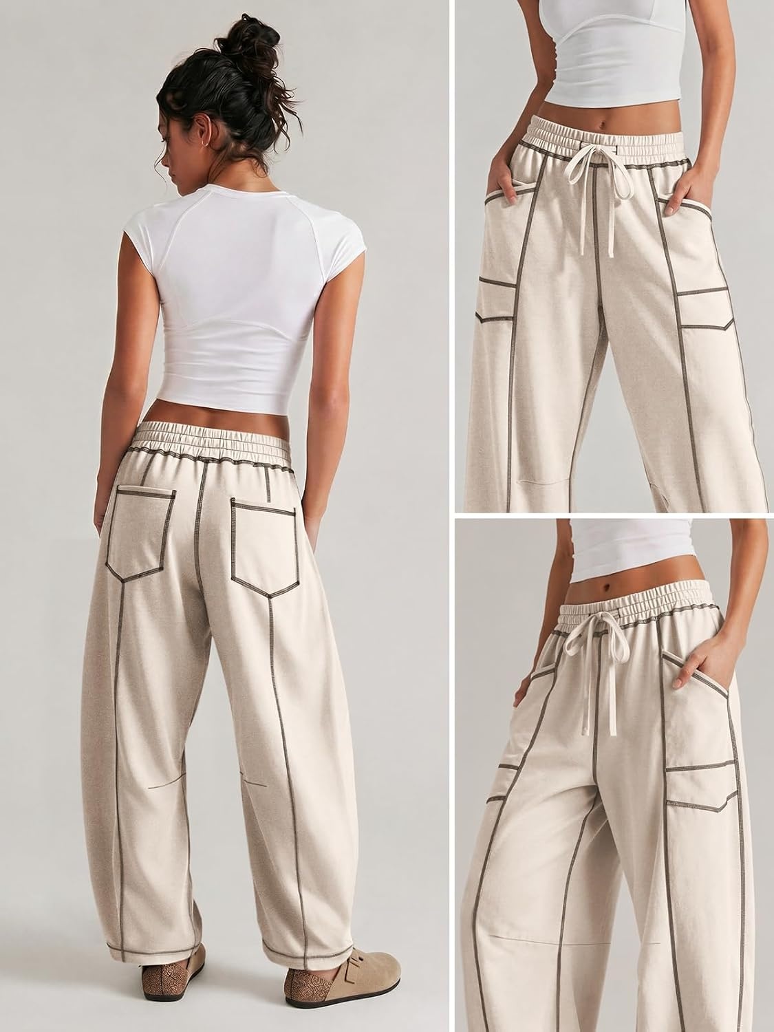 image:imageATHMILE Womens Baggy Barrel Sweatpants Wide Leg Drawstring Lounge Sweat Pants with PocketsLight Khaki