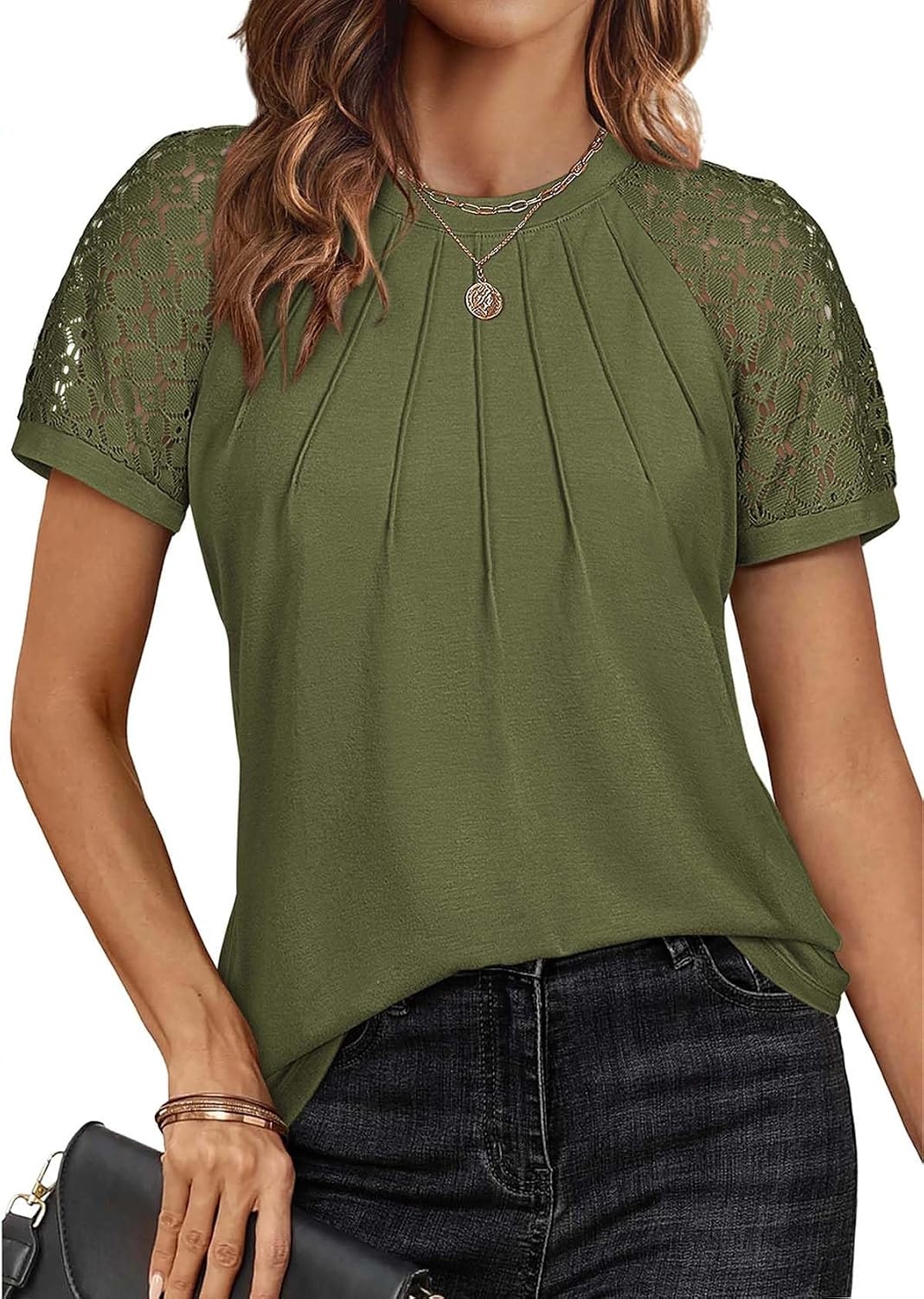 image:imageATHMILE Womens Blouses Short Sleeve Tops Spring Summer Fall Work Dressy Casual Business Date Outfits Lace Shirts 2026Armygreen