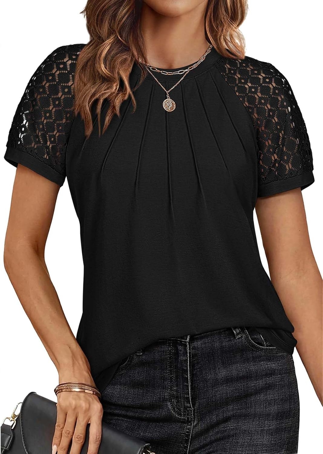 image:imageATHMILE Womens Blouses Short Sleeve Tops Spring Summer Fall Work Dressy Casual Business Date Outfits Lace Shirts 2026Black