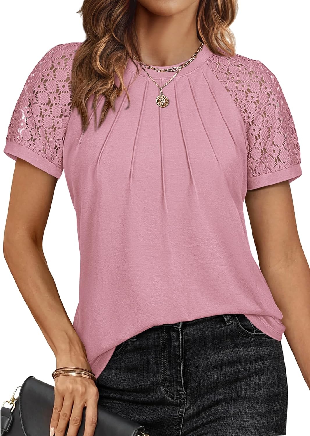 image:imageATHMILE Womens Blouses Short Sleeve Tops Spring Summer Fall Work Dressy Casual Business Date Outfits Lace Shirts 2026Pink