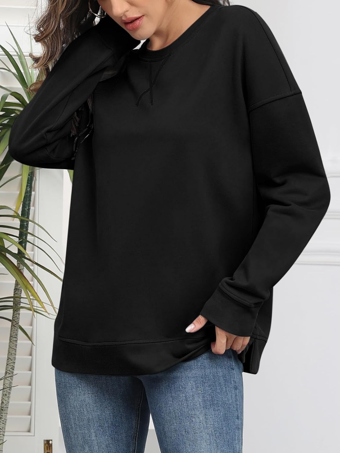 image:imageATHMILE Womens Casual Crew Neck Sweatshirt Loose Soft Long Sleeve Shirts Oversized Pullover Tops Fall OutfitsBlack