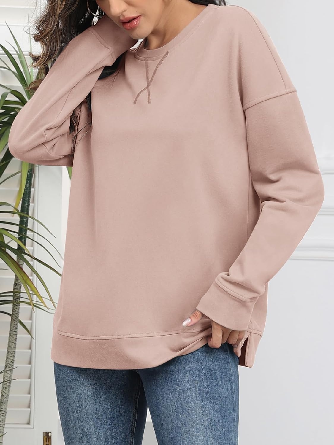 image:imageATHMILE Womens Casual Crew Neck Sweatshirt Loose Soft Long Sleeve Shirts Oversized Pullover Tops Fall OutfitsPink