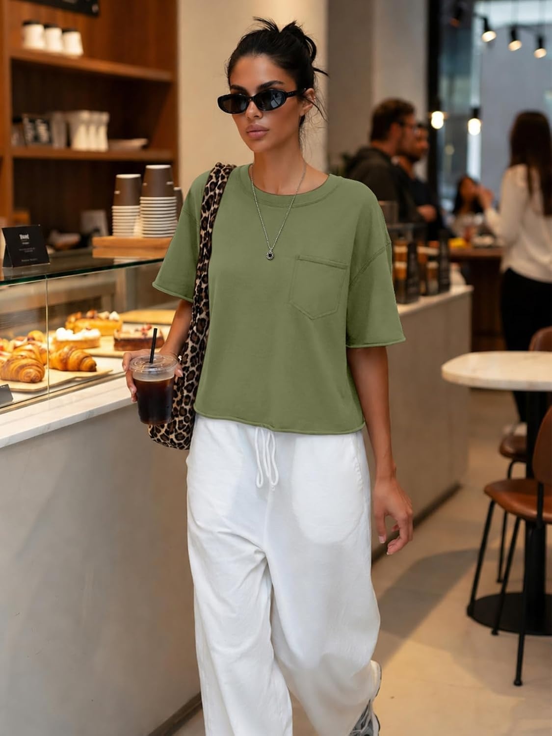image:imageATHMILE Womens Crop Tops Workout Shirts Gym Oversized Spring Summer Basic Tees Short Sleeve Casual Loose Drop Shoulder 2026Armygreen