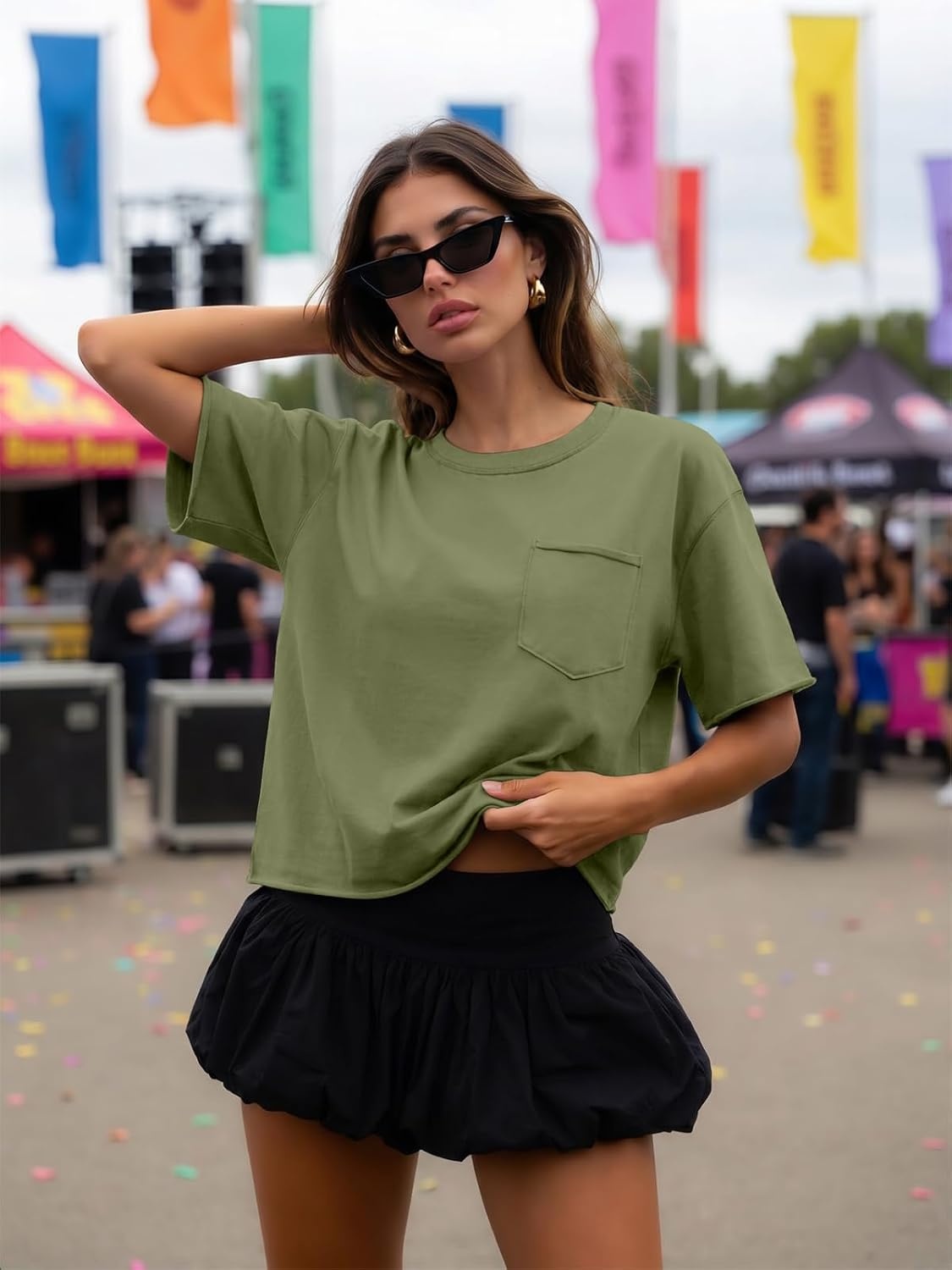 image:imageATHMILE Womens Crop Tops Workout Shirts Gym Oversized Spring Summer Basic Tees Short Sleeve Casual Loose Drop Shoulder 2026Armygreen