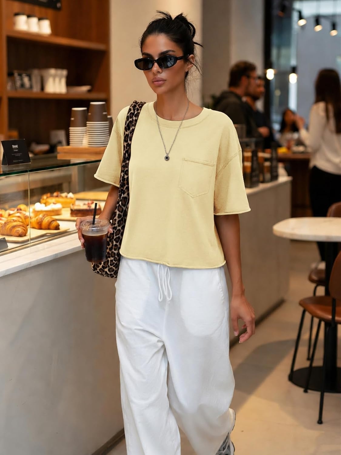 image:imageATHMILE Womens Crop Tops Workout Shirts Gym Oversized Spring Summer Basic Tees Short Sleeve Casual Loose Drop Shoulder 2026Beige
