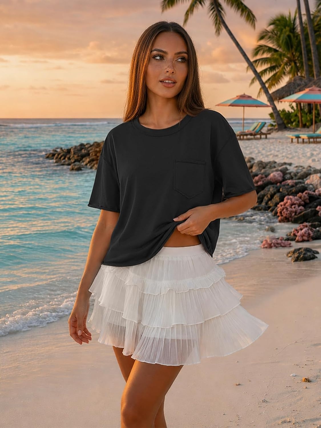 image:imageATHMILE Womens Crop Tops Workout Shirts Gym Oversized Spring Summer Basic Tees Short Sleeve Casual Loose Drop Shoulder 2026Black