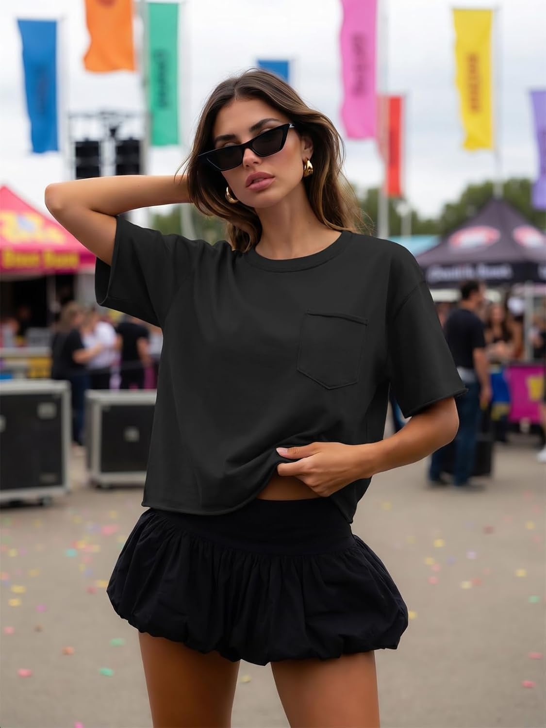 image:imageATHMILE Womens Crop Tops Workout Shirts Gym Oversized Spring Summer Basic Tees Short Sleeve Casual Loose Drop Shoulder 2026Black