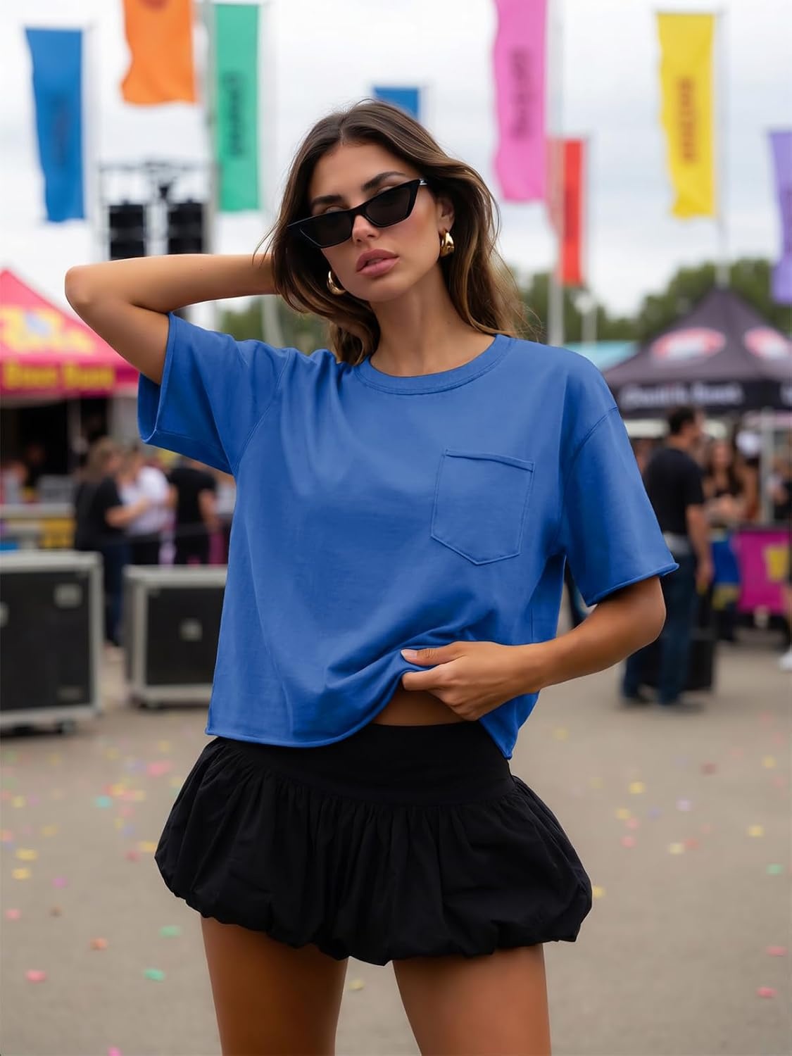 image:imageATHMILE Womens Crop Tops Workout Shirts Gym Oversized Spring Summer Basic Tees Short Sleeve Casual Loose Drop Shoulder 2026Blue