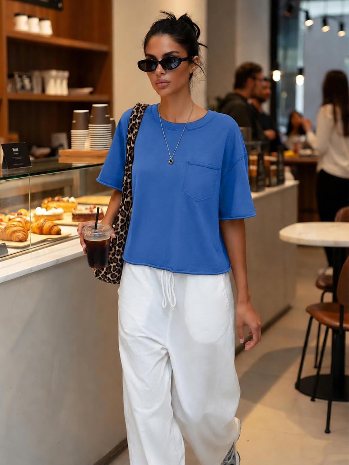 image:imageATHMILE Womens Crop Tops Workout Shirts Gym Oversized Spring Summer Basic Tees Short Sleeve Casual Loose Drop Shoulder 2026Blue