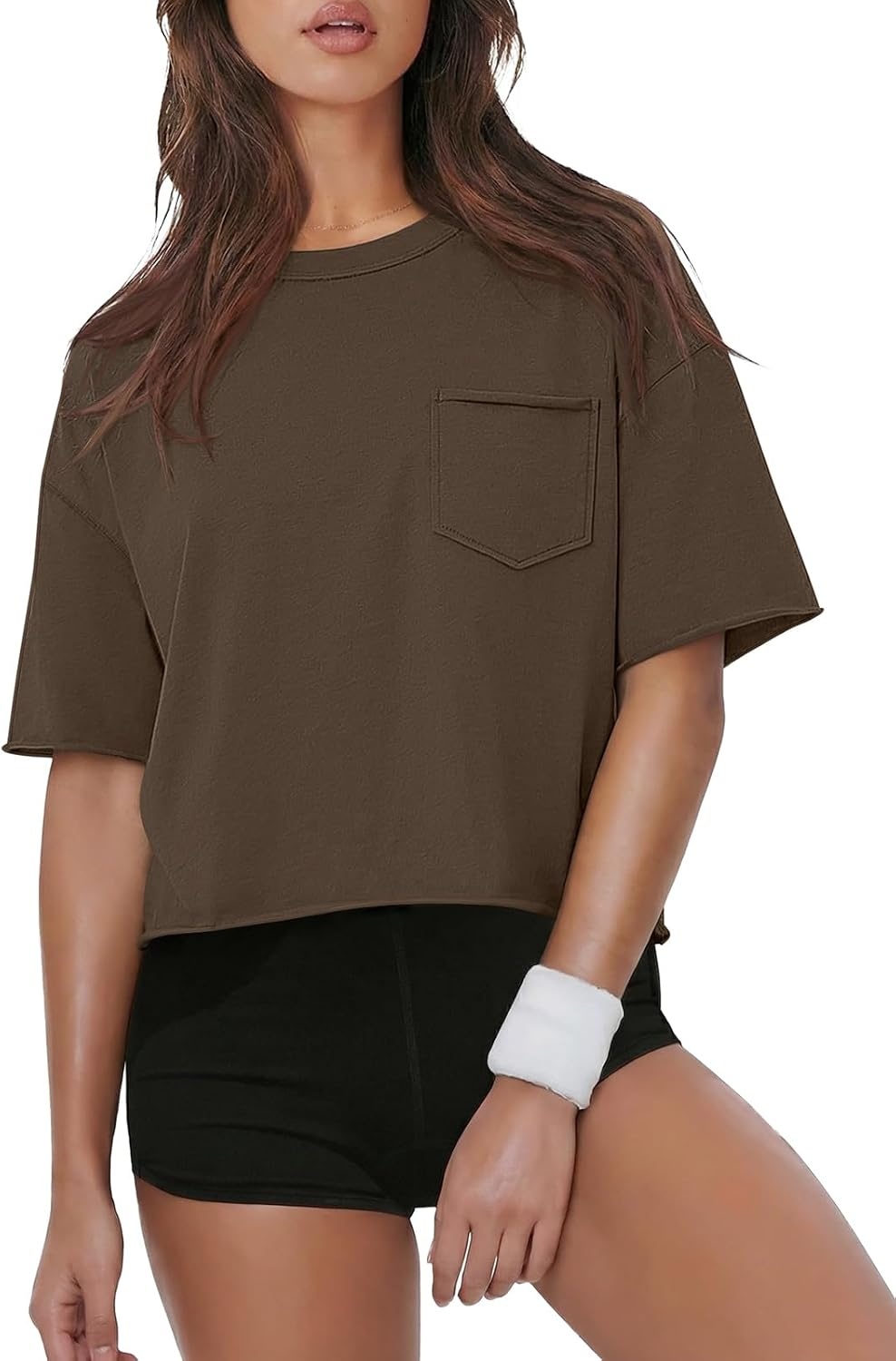 image:imageATHMILE Womens Crop Tops Workout Shirts Gym Oversized Spring Summer Basic Tees Short Sleeve Casual Loose Drop Shoulder 2026Brown