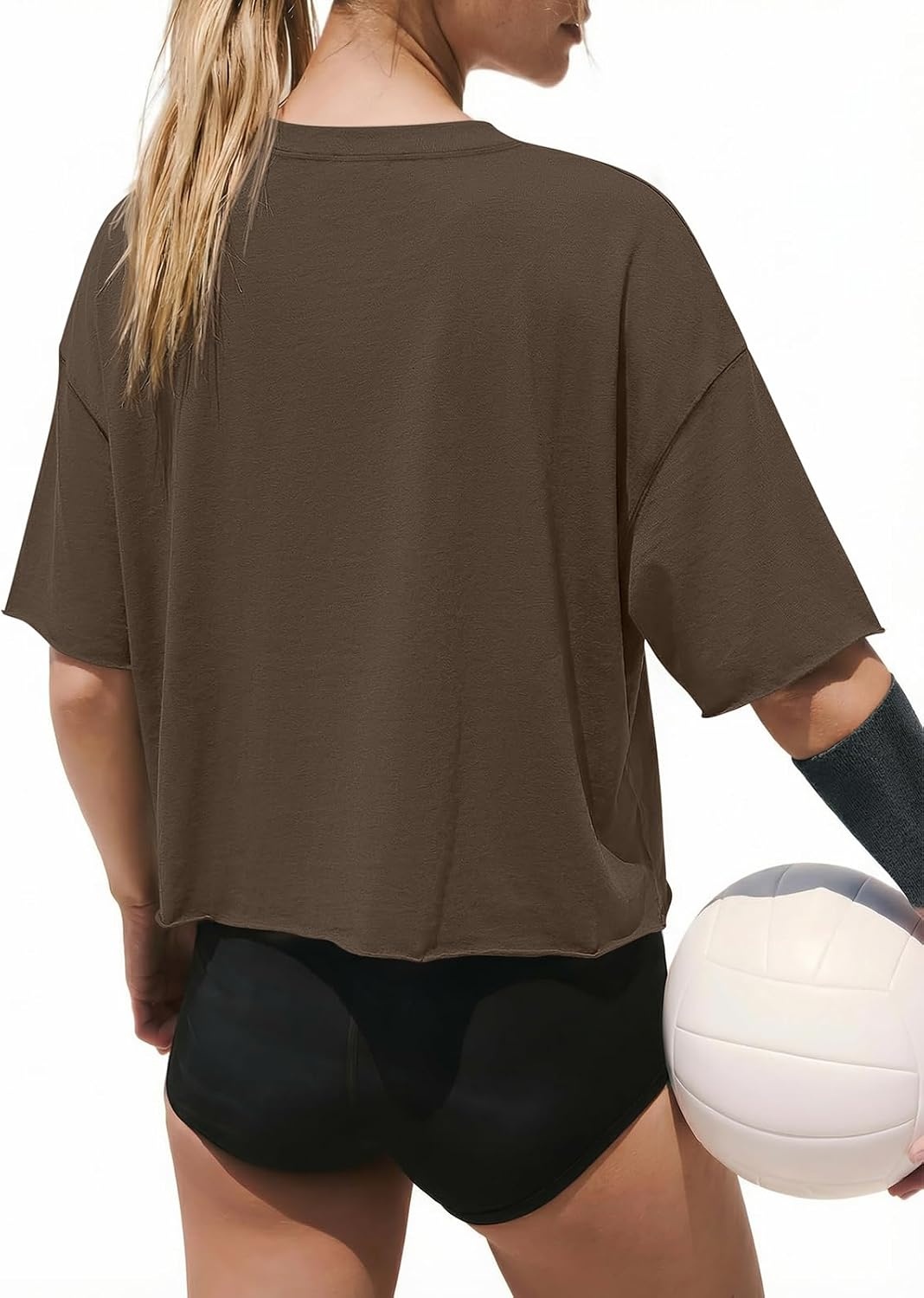 image:imageATHMILE Womens Crop Tops Workout Shirts Gym Oversized Spring Summer Basic Tees Short Sleeve Casual Loose Drop Shoulder 2026Brown