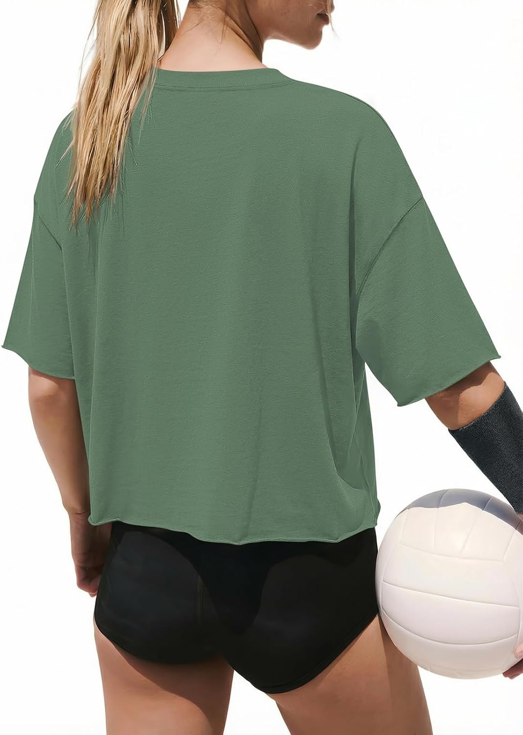 image:imageATHMILE Womens Crop Tops Workout Shirts Gym Oversized Spring Summer Basic Tees Short Sleeve Casual Loose Drop Shoulder 2026Darkgreen