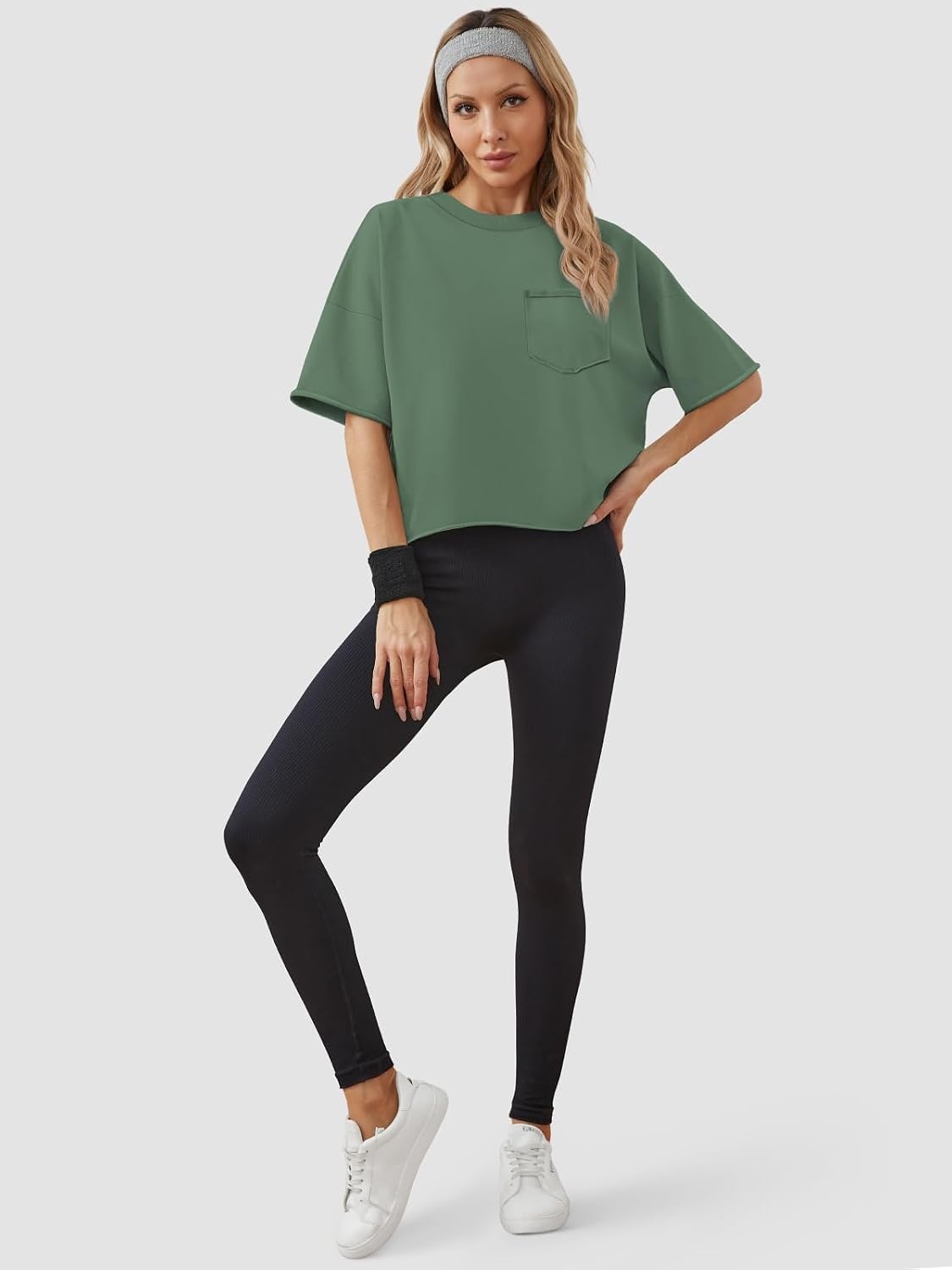 image:imageATHMILE Womens Crop Tops Workout Shirts Gym Oversized Spring Summer Basic Tees Short Sleeve Casual Loose Drop Shoulder 2026Darkgreen
