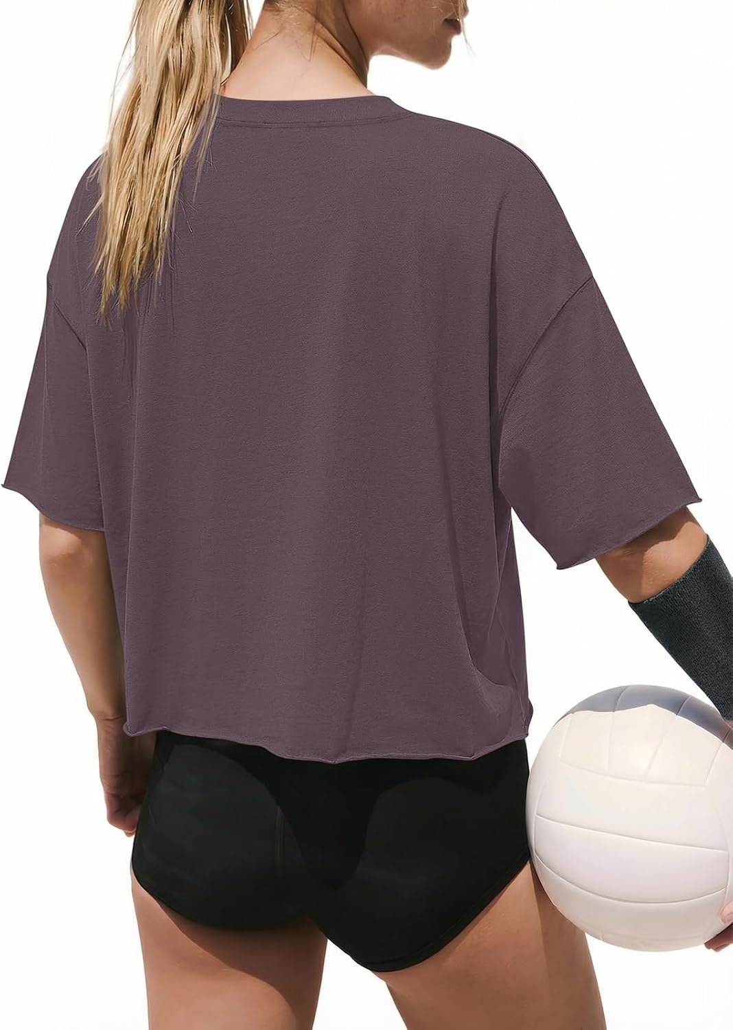 image:imageATHMILE Womens Crop Tops Workout Shirts Gym Oversized Spring Summer Basic Tees Short Sleeve Casual Loose Drop Shoulder 2026Darkpurple