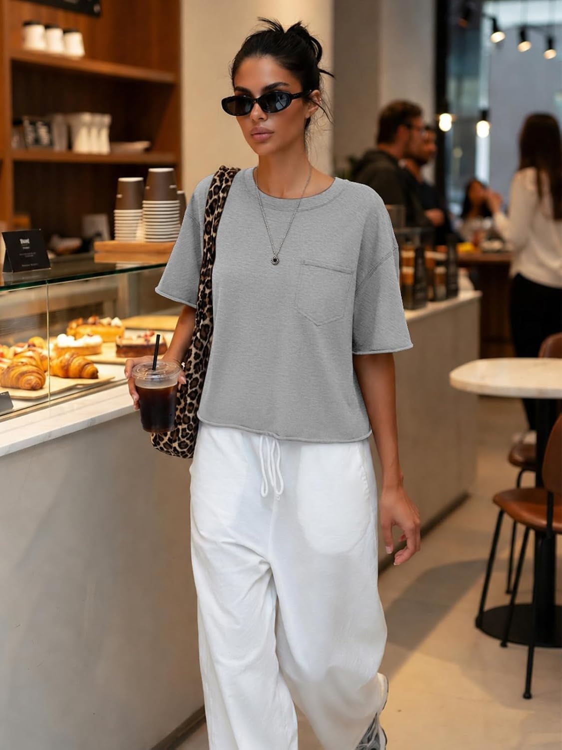 image:imageATHMILE Womens Crop Tops Workout Shirts Gym Oversized Spring Summer Basic Tees Short Sleeve Casual Loose Drop Shoulder 2026Gray