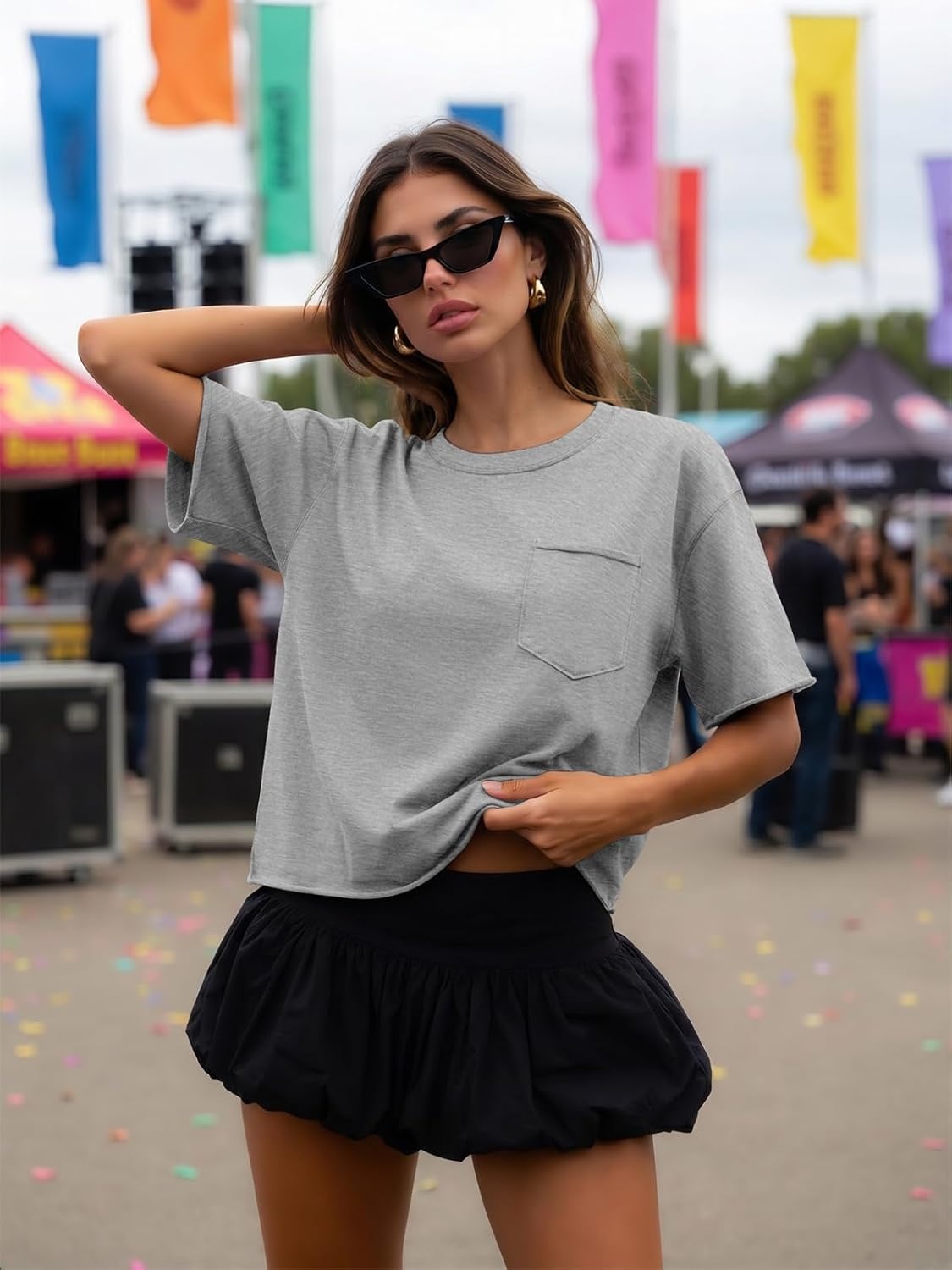 image:imageATHMILE Womens Crop Tops Workout Shirts Gym Oversized Spring Summer Basic Tees Short Sleeve Casual Loose Drop Shoulder 2026Gray