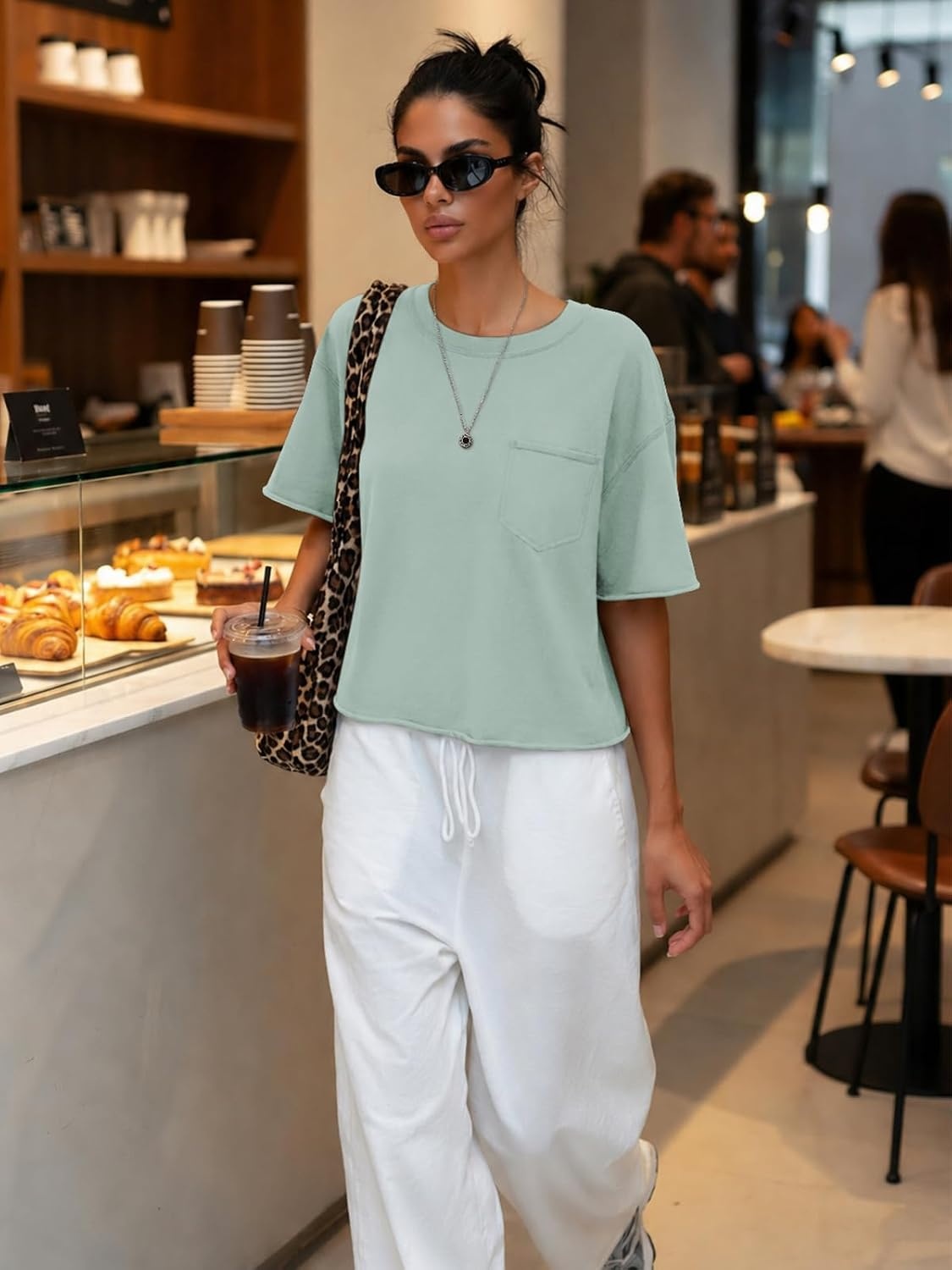 image:imageATHMILE Womens Crop Tops Workout Shirts Gym Oversized Spring Summer Basic Tees Short Sleeve Casual Loose Drop Shoulder 2026Graygreen
