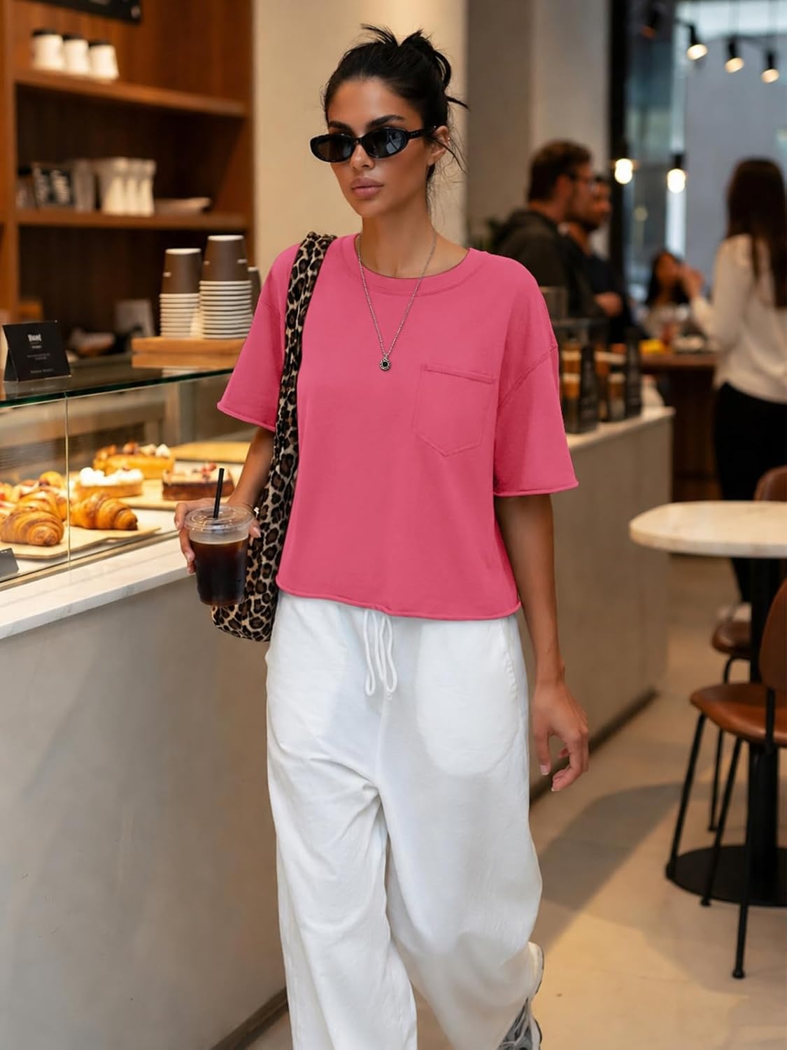image:imageATHMILE Womens Crop Tops Workout Shirts Gym Oversized Spring Summer Basic Tees Short Sleeve Casual Loose Drop Shoulder 2026Hotpink