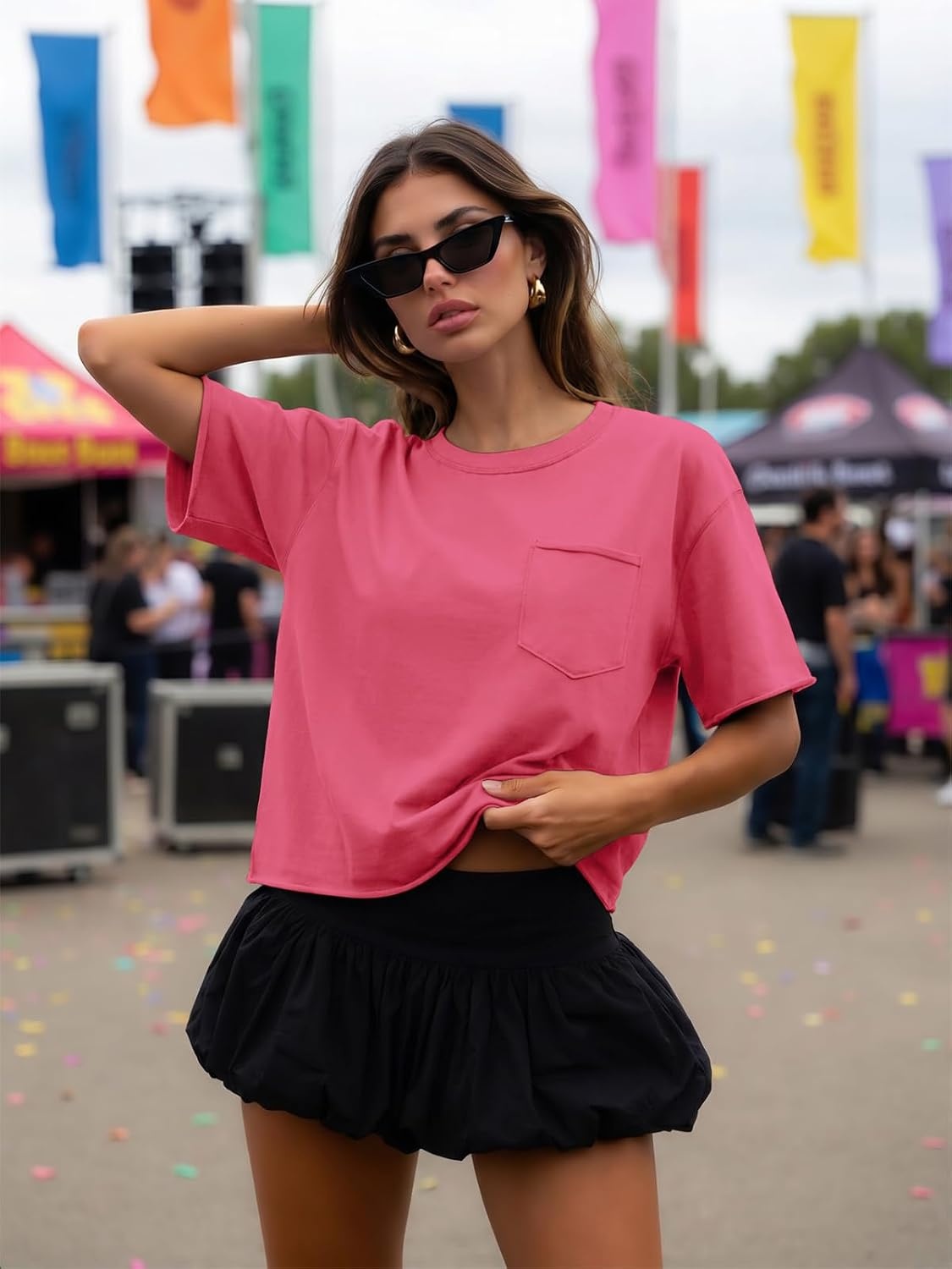image:imageATHMILE Womens Crop Tops Workout Shirts Gym Oversized Spring Summer Basic Tees Short Sleeve Casual Loose Drop Shoulder 2026Hotpink