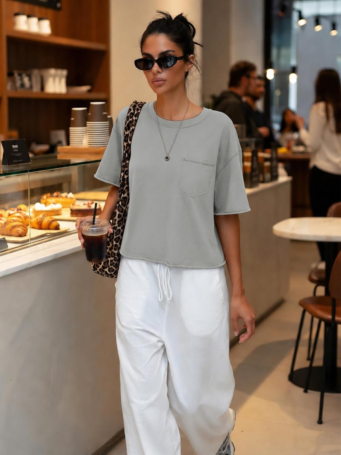 image:imageATHMILE Womens Crop Tops Workout Shirts Gym Oversized Spring Summer Basic Tees Short Sleeve Casual Loose Drop Shoulder 2026Lightgrey