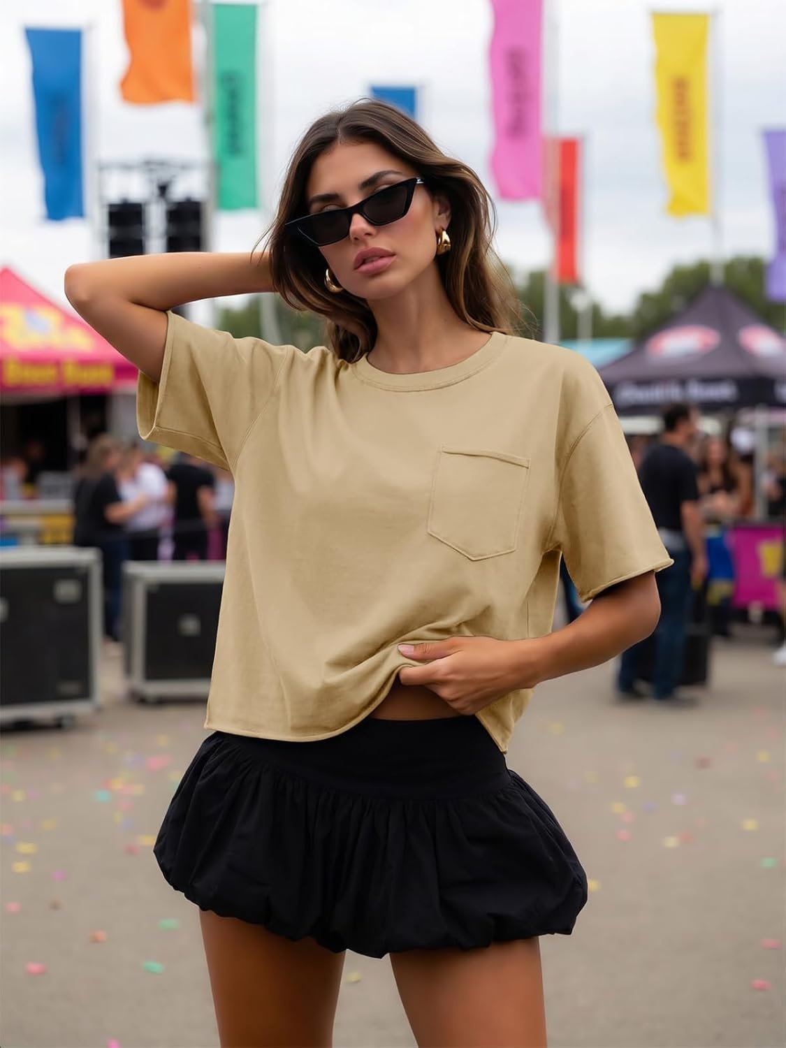 image:imageATHMILE Womens Crop Tops Workout Shirts Gym Oversized Spring Summer Basic Tees Short Sleeve Casual Loose Drop Shoulder 2026Lightkhaki