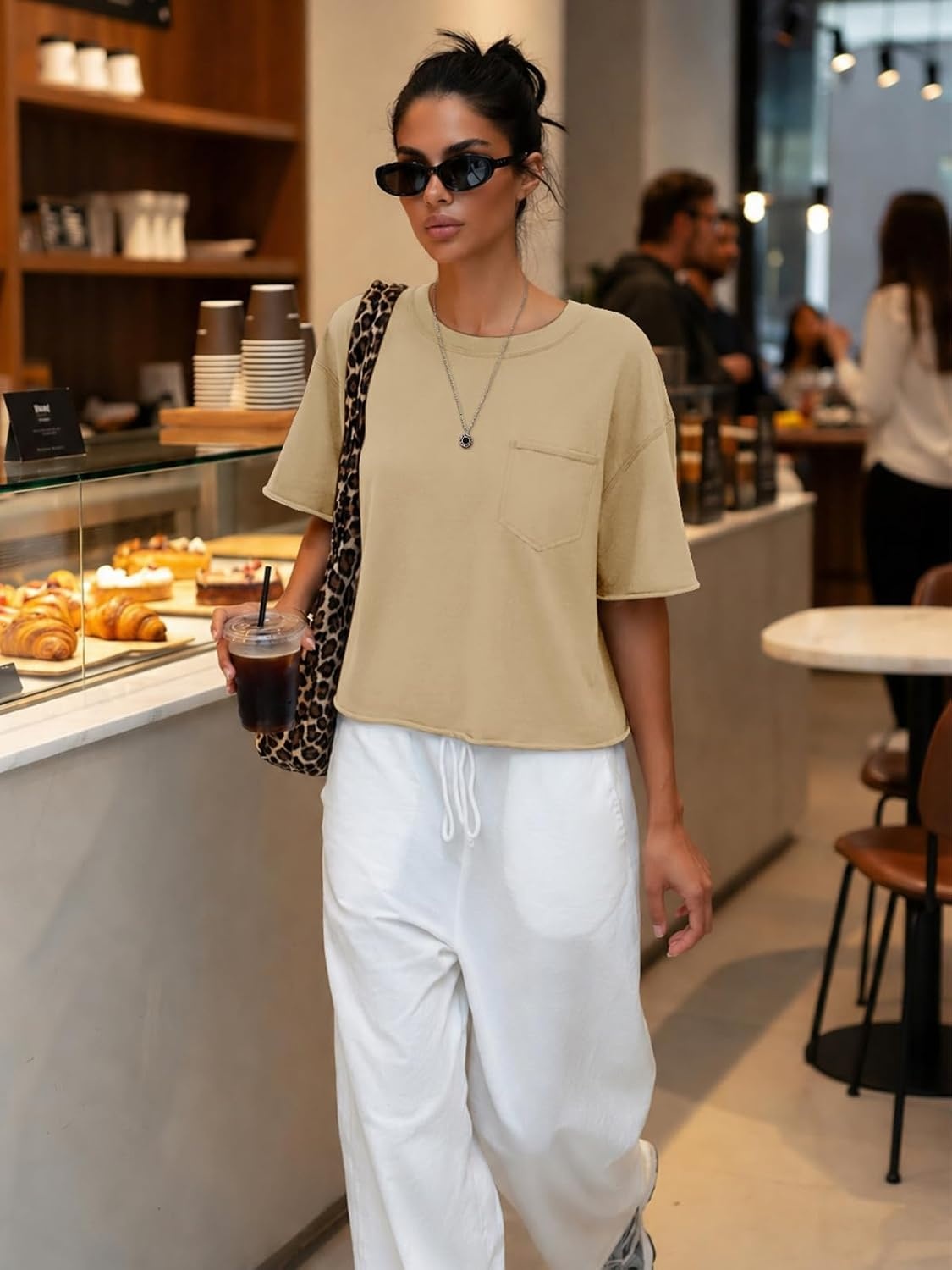 image:imageATHMILE Womens Crop Tops Workout Shirts Gym Oversized Spring Summer Basic Tees Short Sleeve Casual Loose Drop Shoulder 2026Lightkhaki
