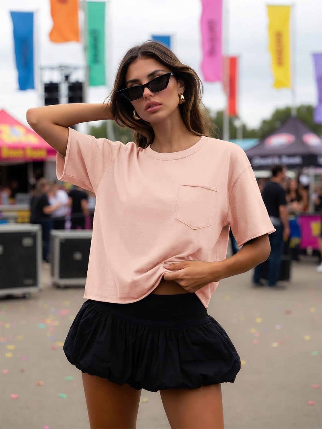 image:imageATHMILE Womens Crop Tops Workout Shirts Gym Oversized Spring Summer Basic Tees Short Sleeve Casual Loose Drop Shoulder 2026Lightpink