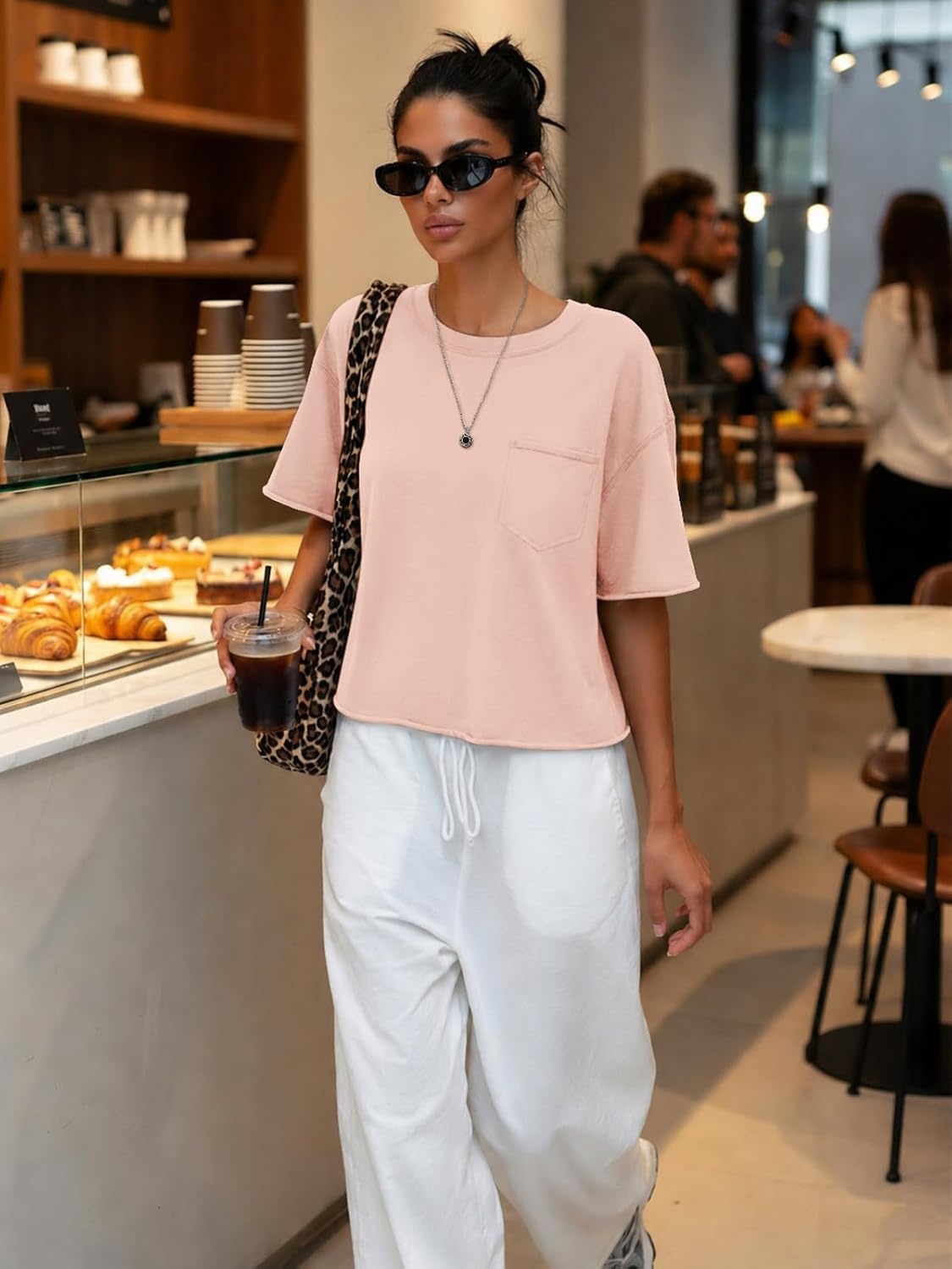 image:imageATHMILE Womens Crop Tops Workout Shirts Gym Oversized Spring Summer Basic Tees Short Sleeve Casual Loose Drop Shoulder 2026Lightpink